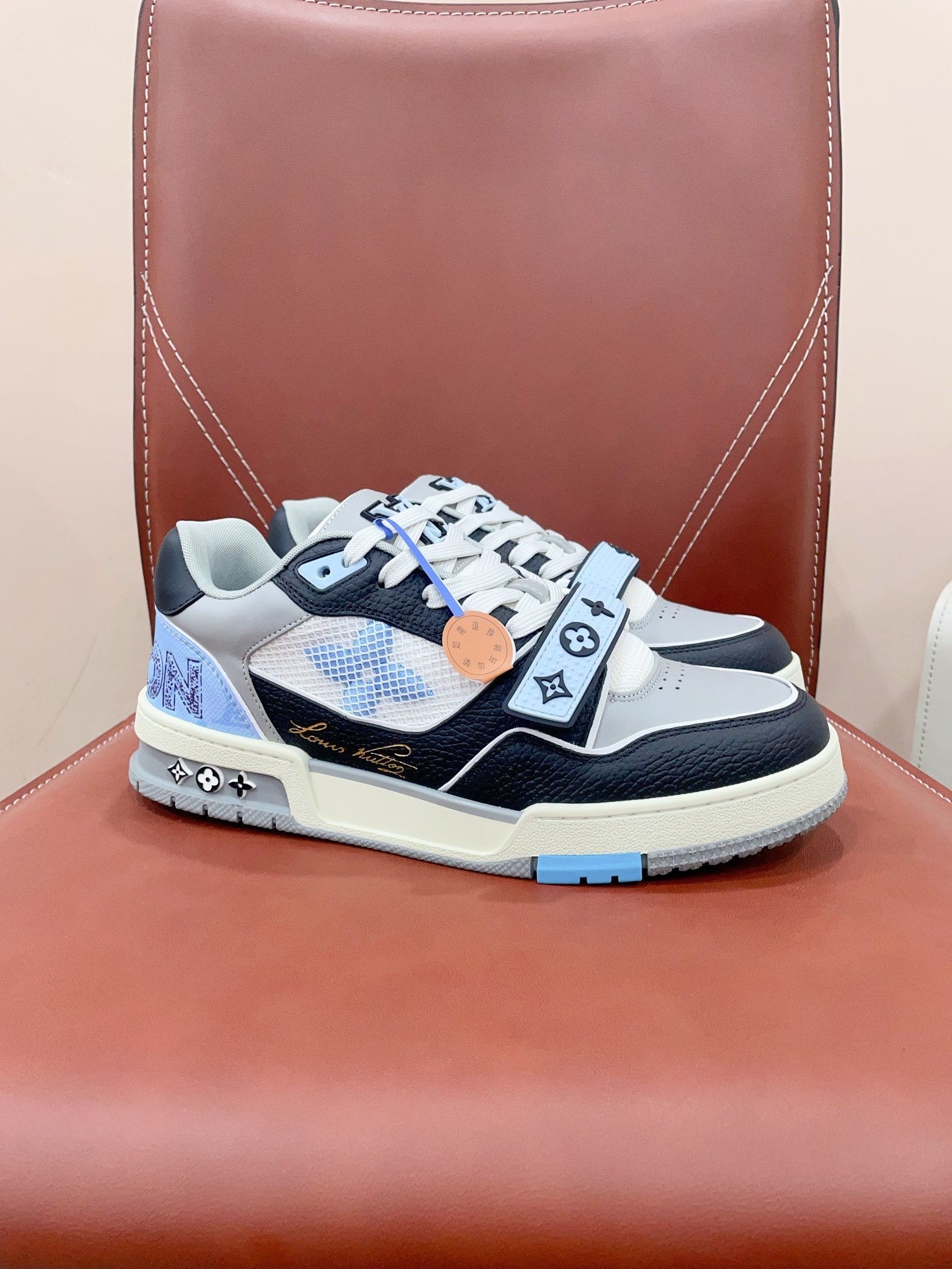 LV Trainer Sneaker Velcro Strap Blue Cowhide