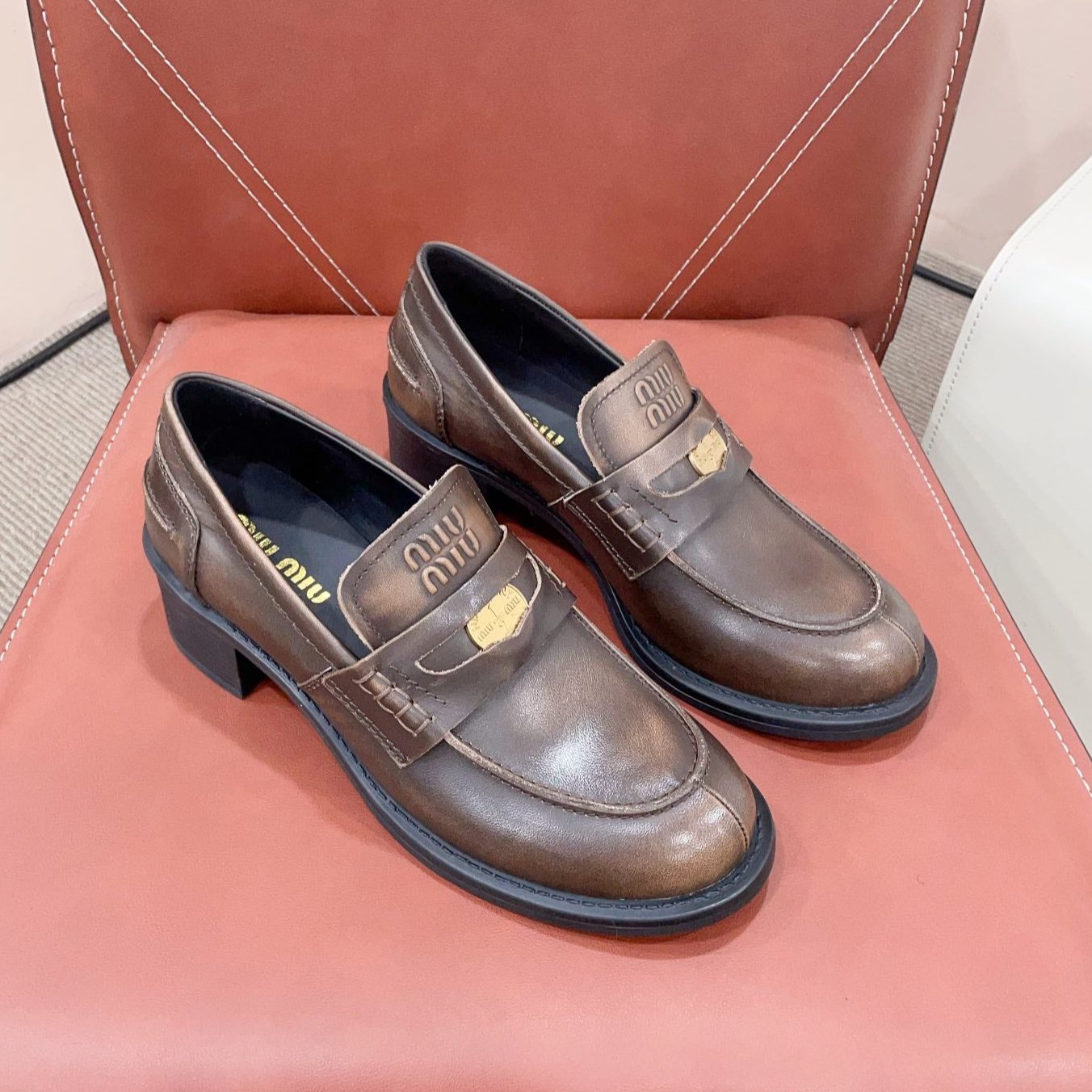 Miu Loafers Chocolate Brown Cowhide