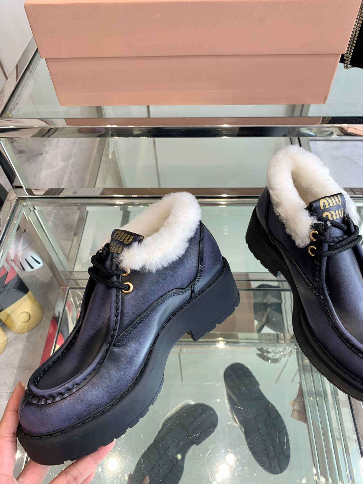 Miu Short Wool Boots Plain Dark Charcoal Open-Hemmed Cowhide