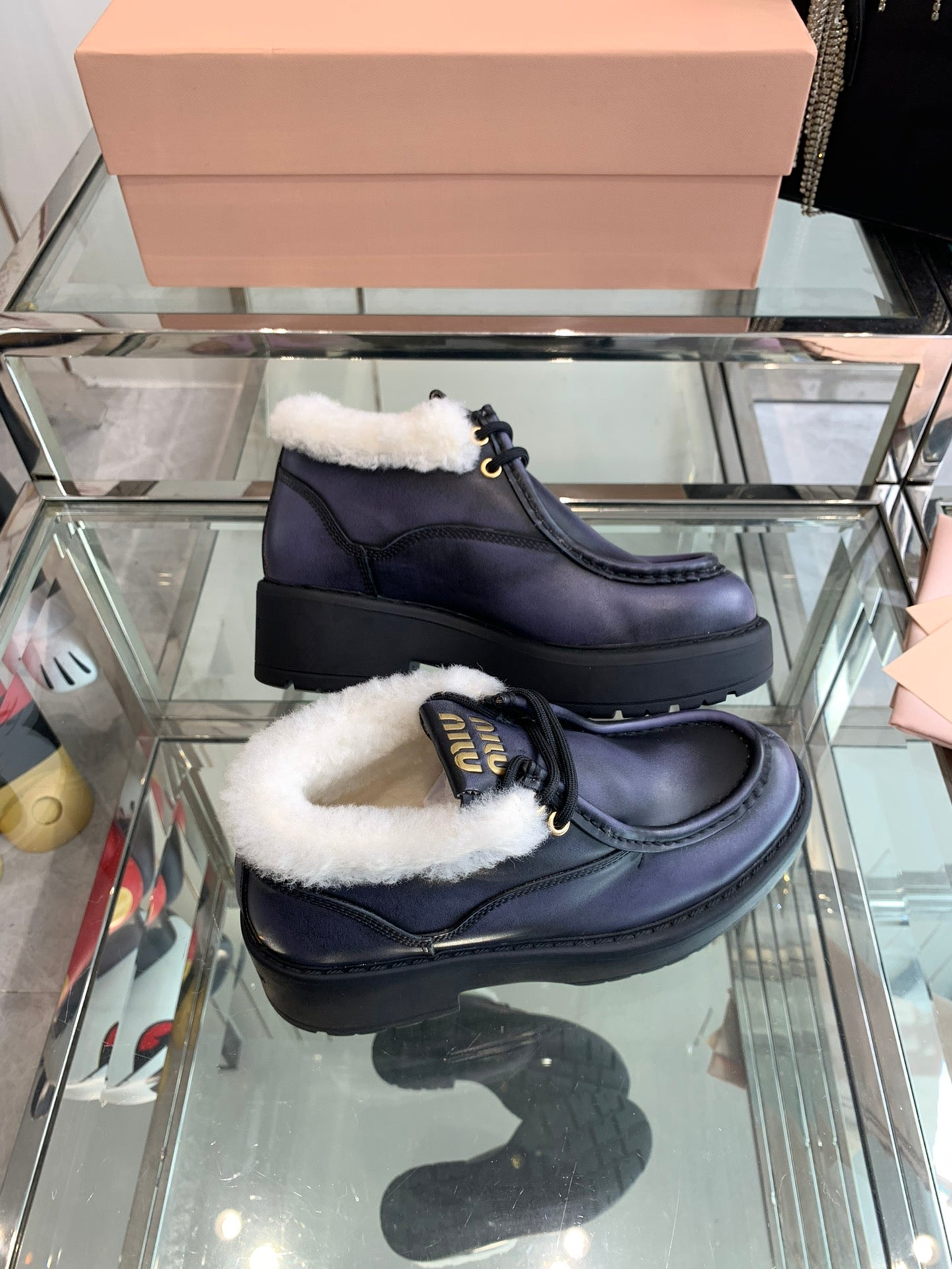 Miu Ankle Boots Charcoal Blue Open-Hemmed Cowhide