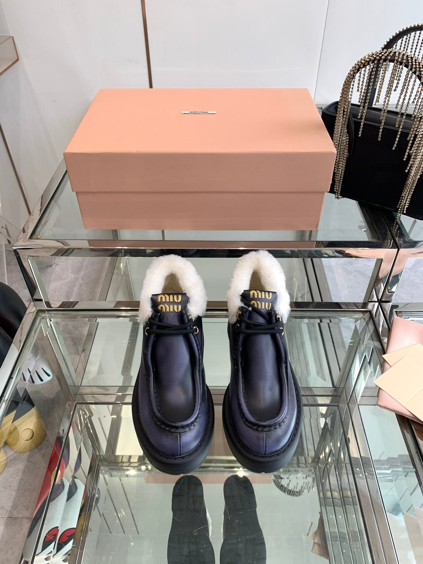 Miu Ankle Boots Charcoal Blue Open-Hemmed Cowhide