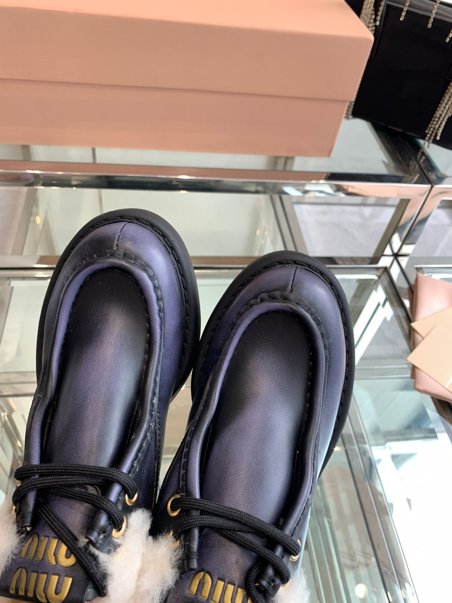 Miu Short Wool Boots Plain Dark Charcoal Open-Hemmed Cowhide