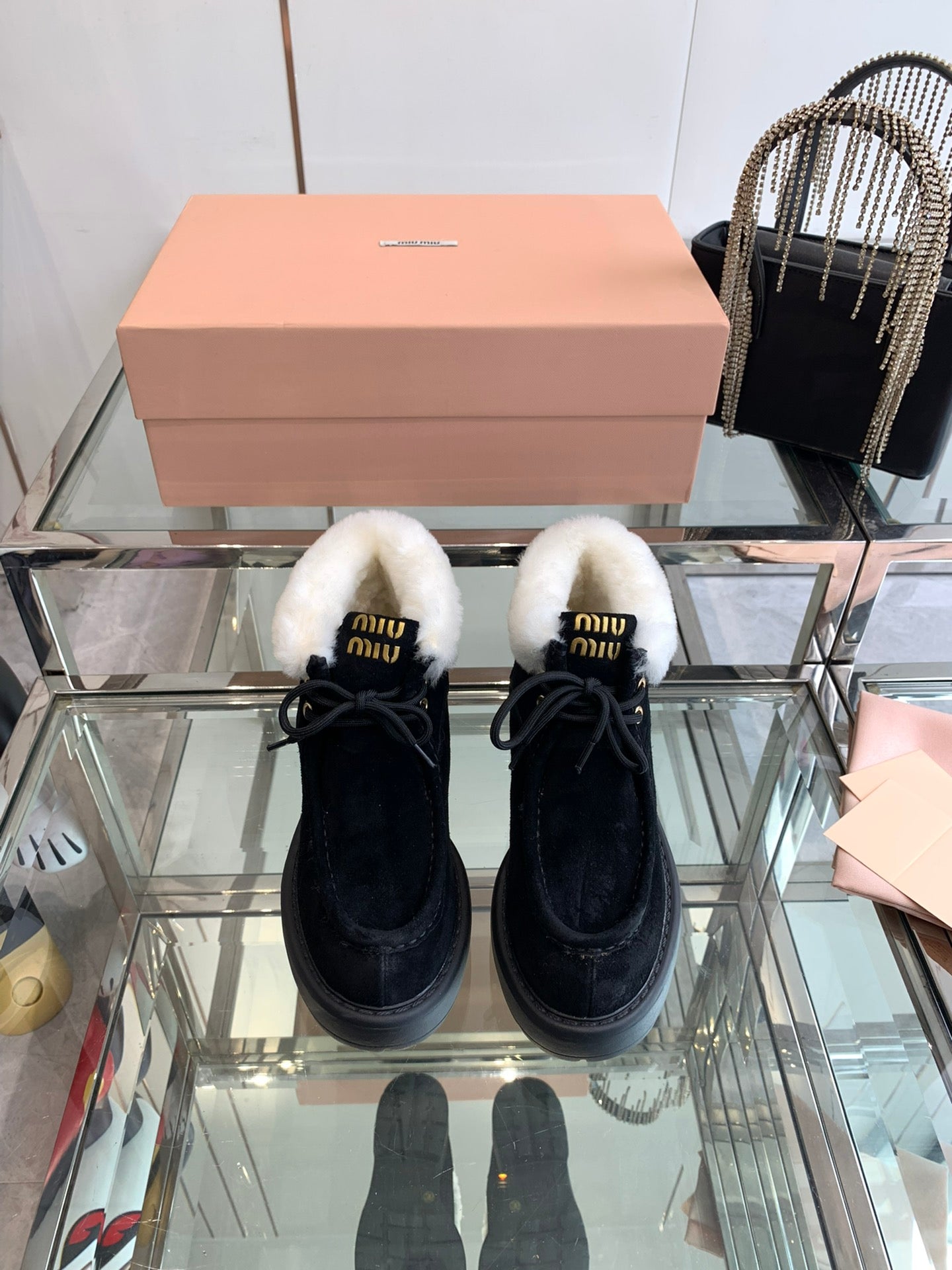 Miu Ankle Boots Black Open-Hemmed Cowhide