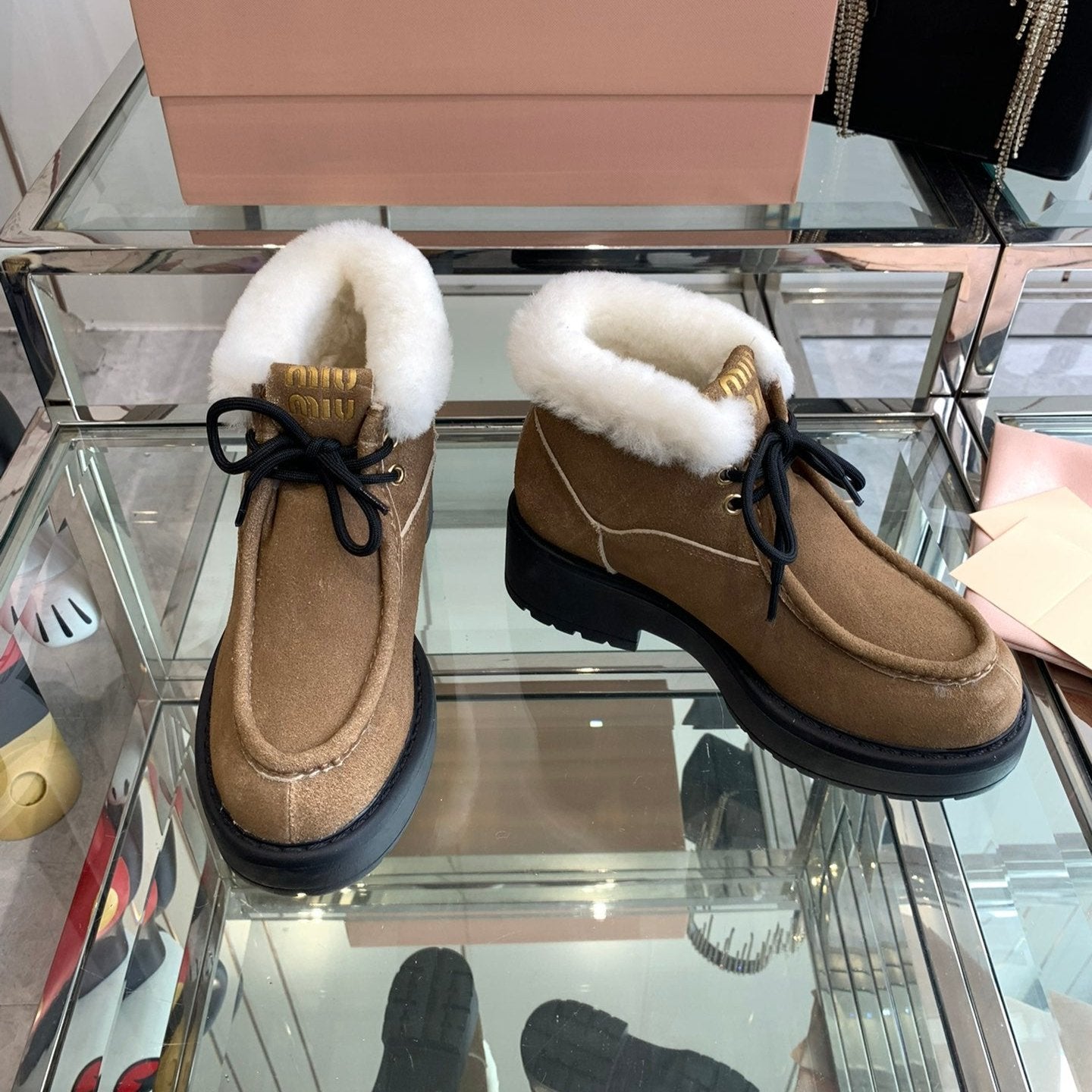 Miu Short Wool Boots Vintage Brown Open-Hemmed Cowhide