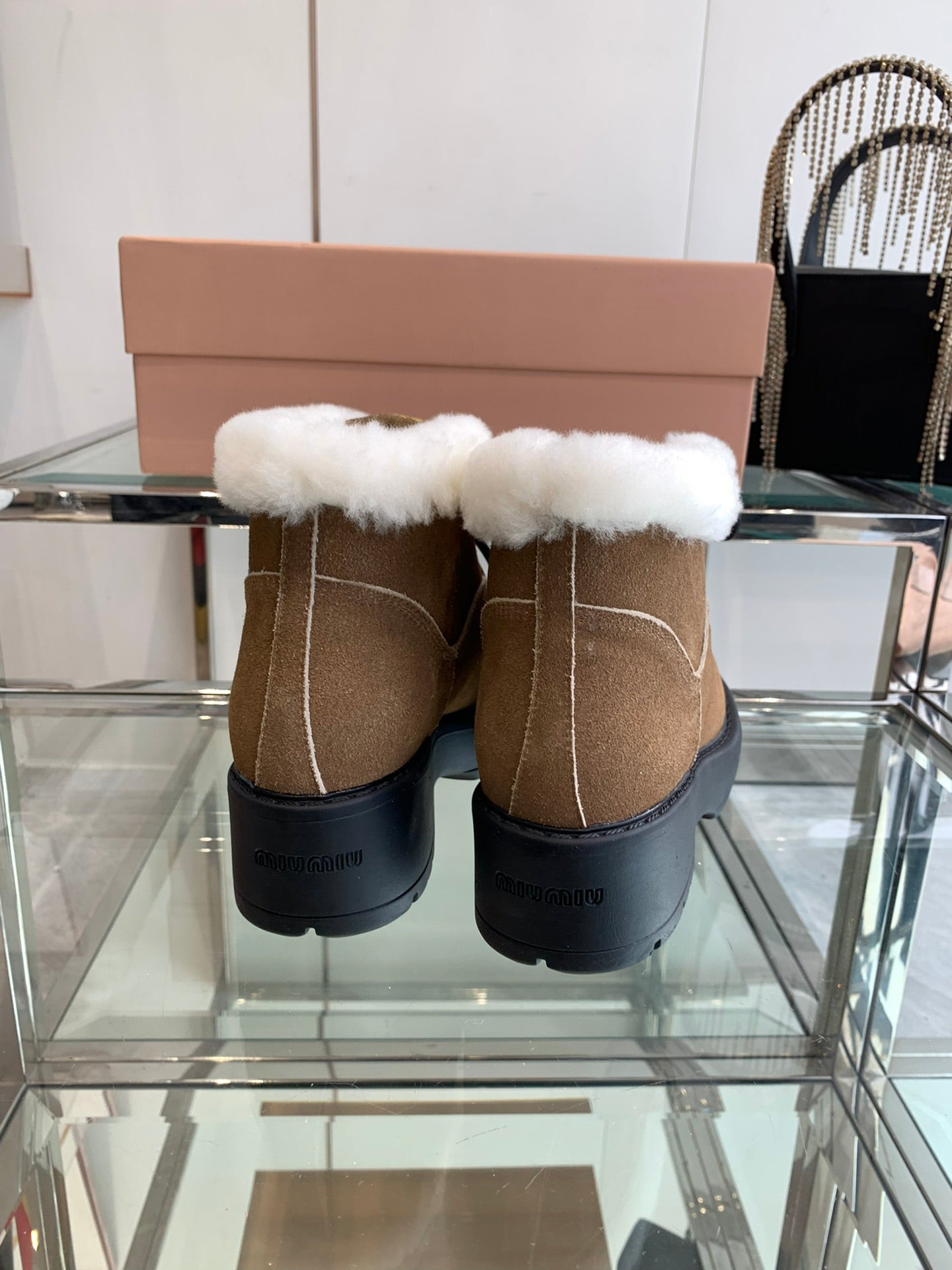 Miu Short Wool Boots Vintage Brown Open-Hemmed Cowhide