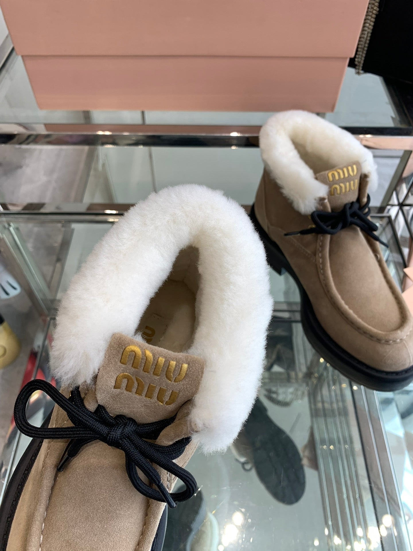 Miu Ankle Boots Khaki Brown Open-Hemmed Cowhide