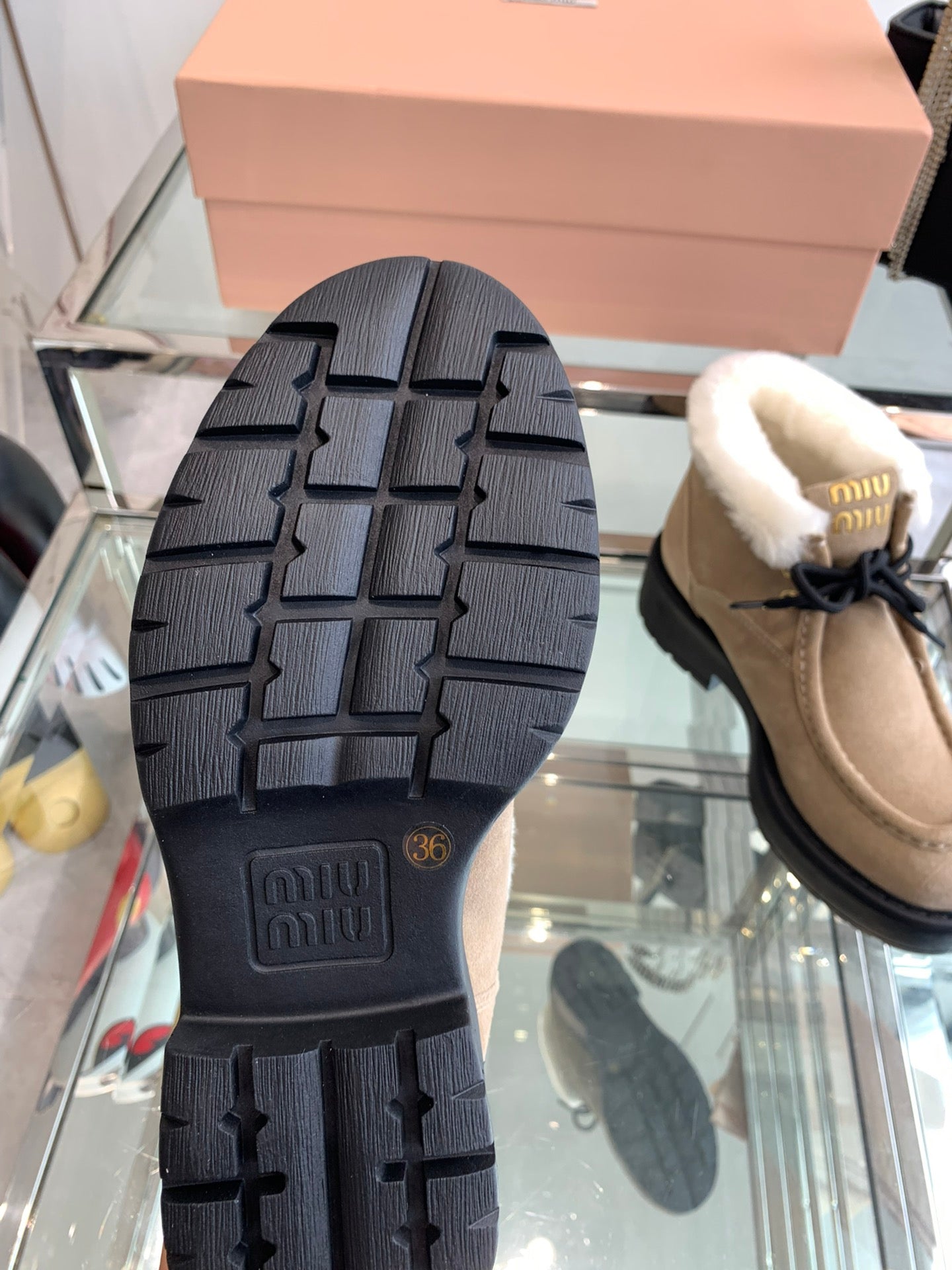 Miu Short Wool Boots Khaki Brown Open-Hemmed Cowhide