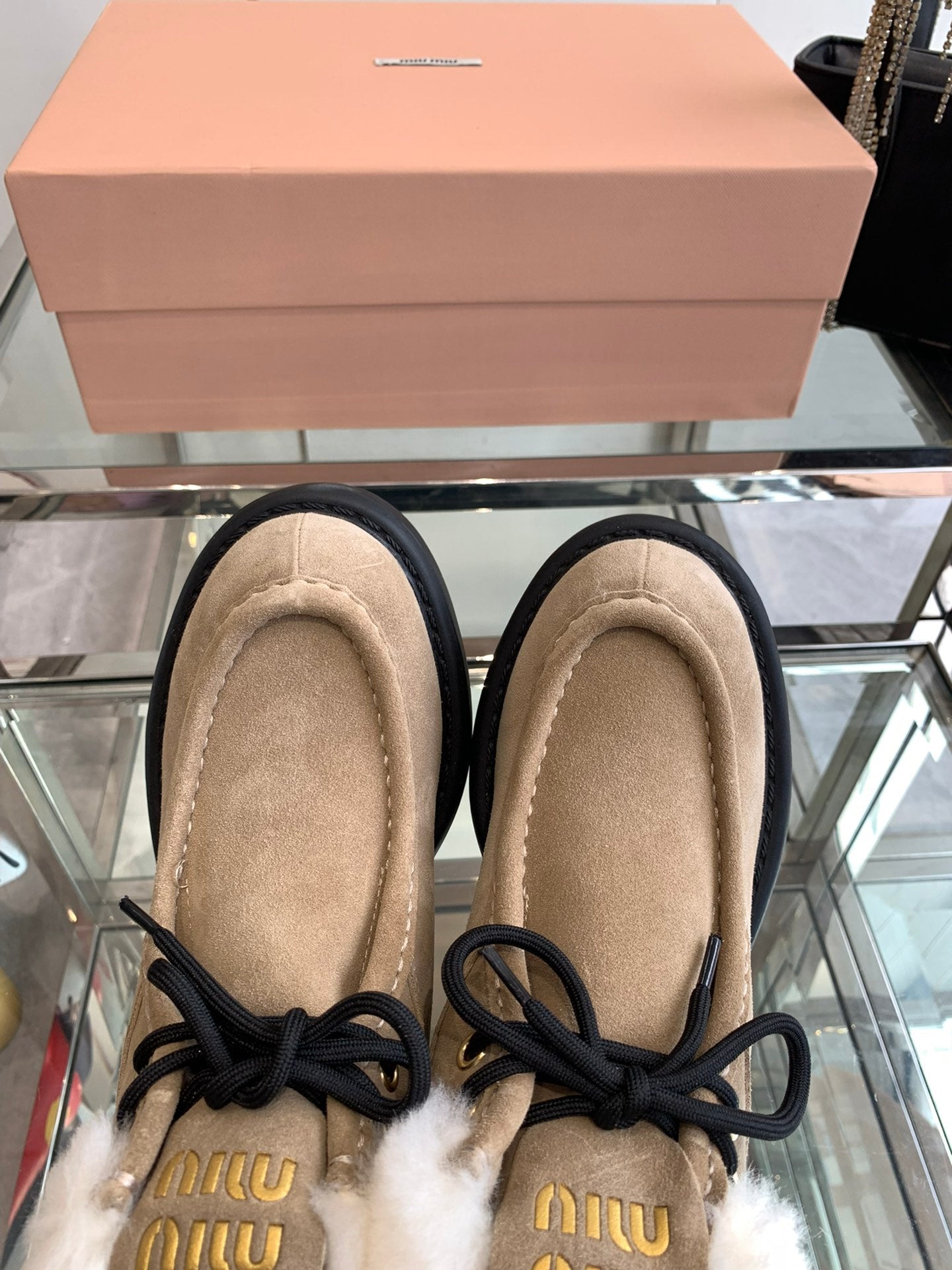 Miu Ankle Boots Khaki Brown Open-Hemmed Cowhide