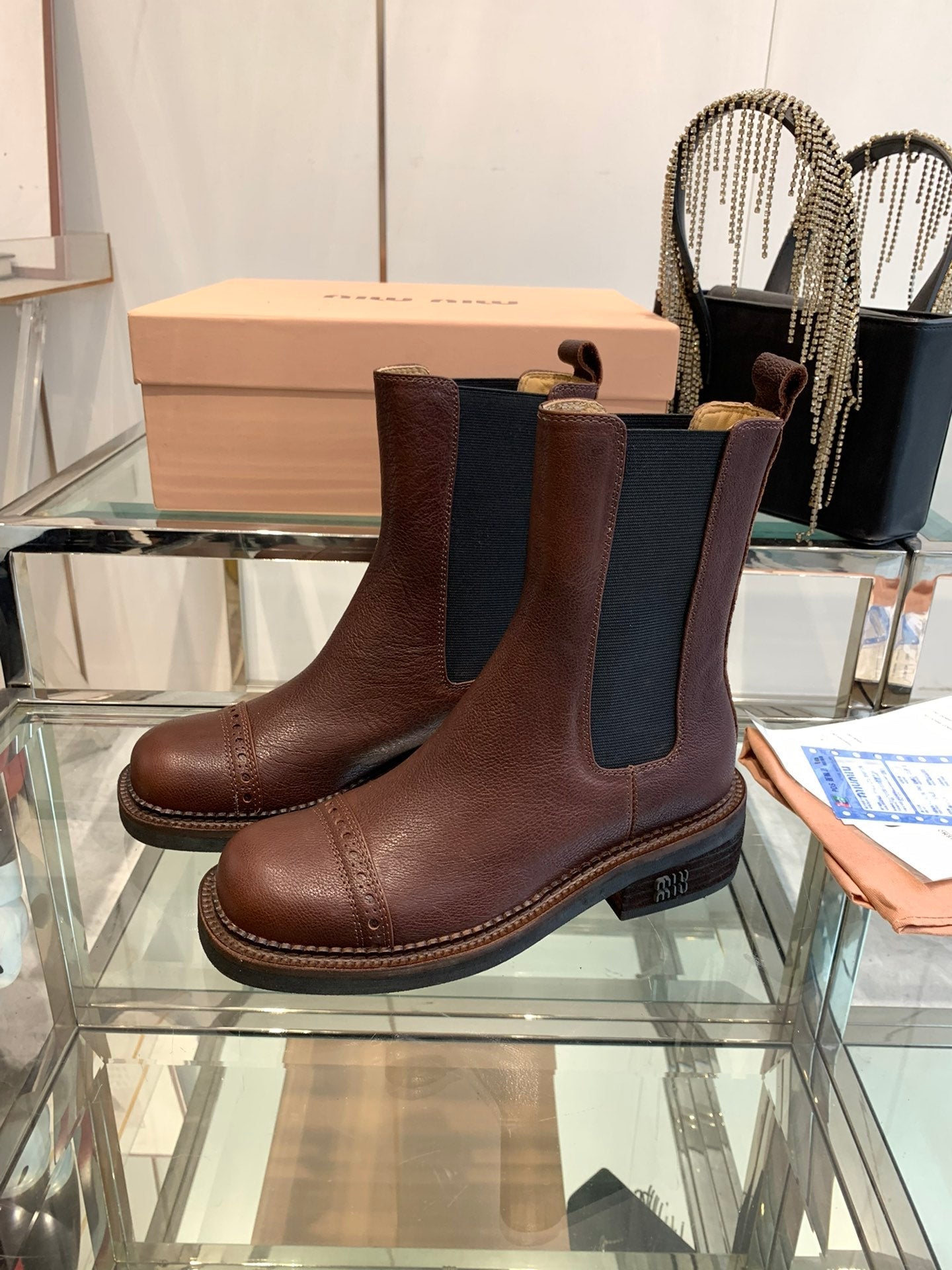 Miu Short Boots Brown Earth Vegetable Blended Cowhide