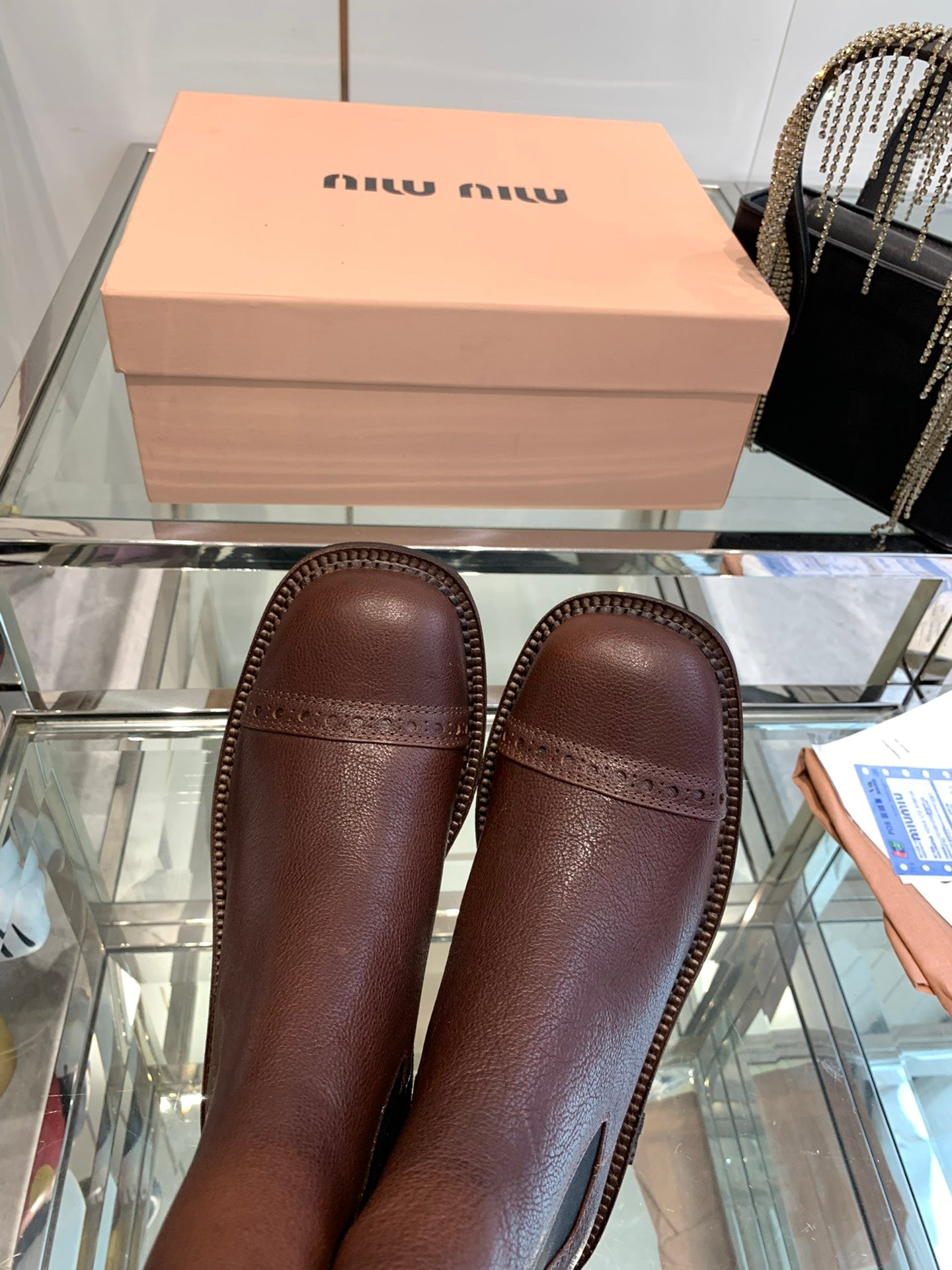 Miu Short Boots Brown Earth Vegetable Blended Cowhide