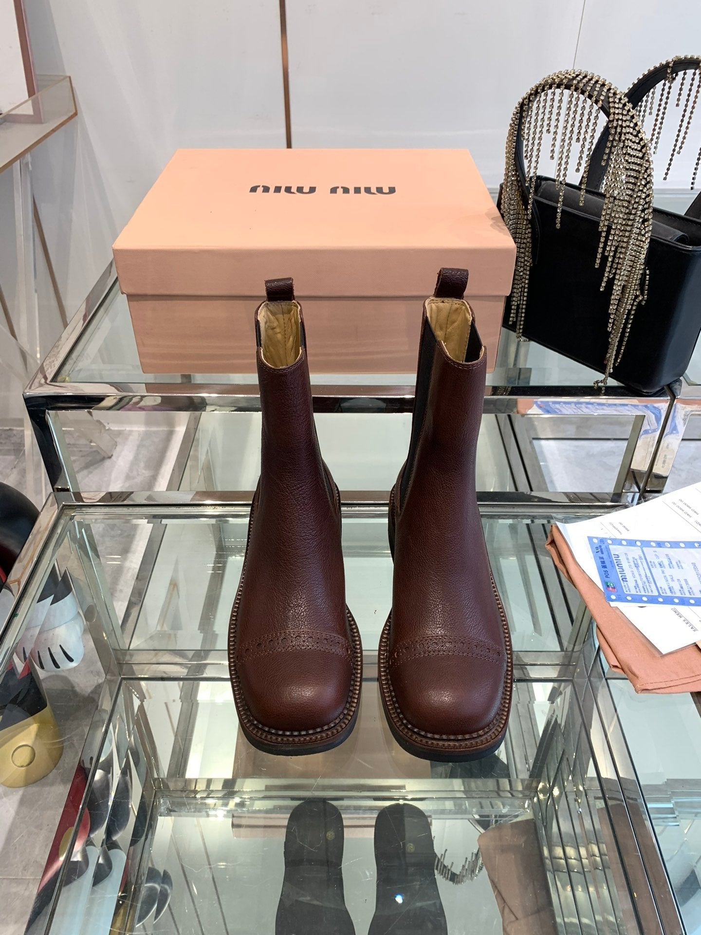 Miu Short Boots Brown Earth Vegetable Blended Cowhide