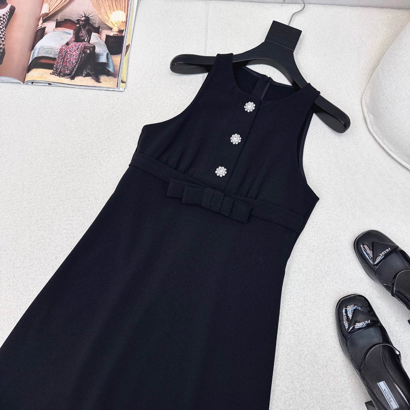 Prada 25 Diamond Button Sleeveless Vest Dress Black Cotton Polyester 598350