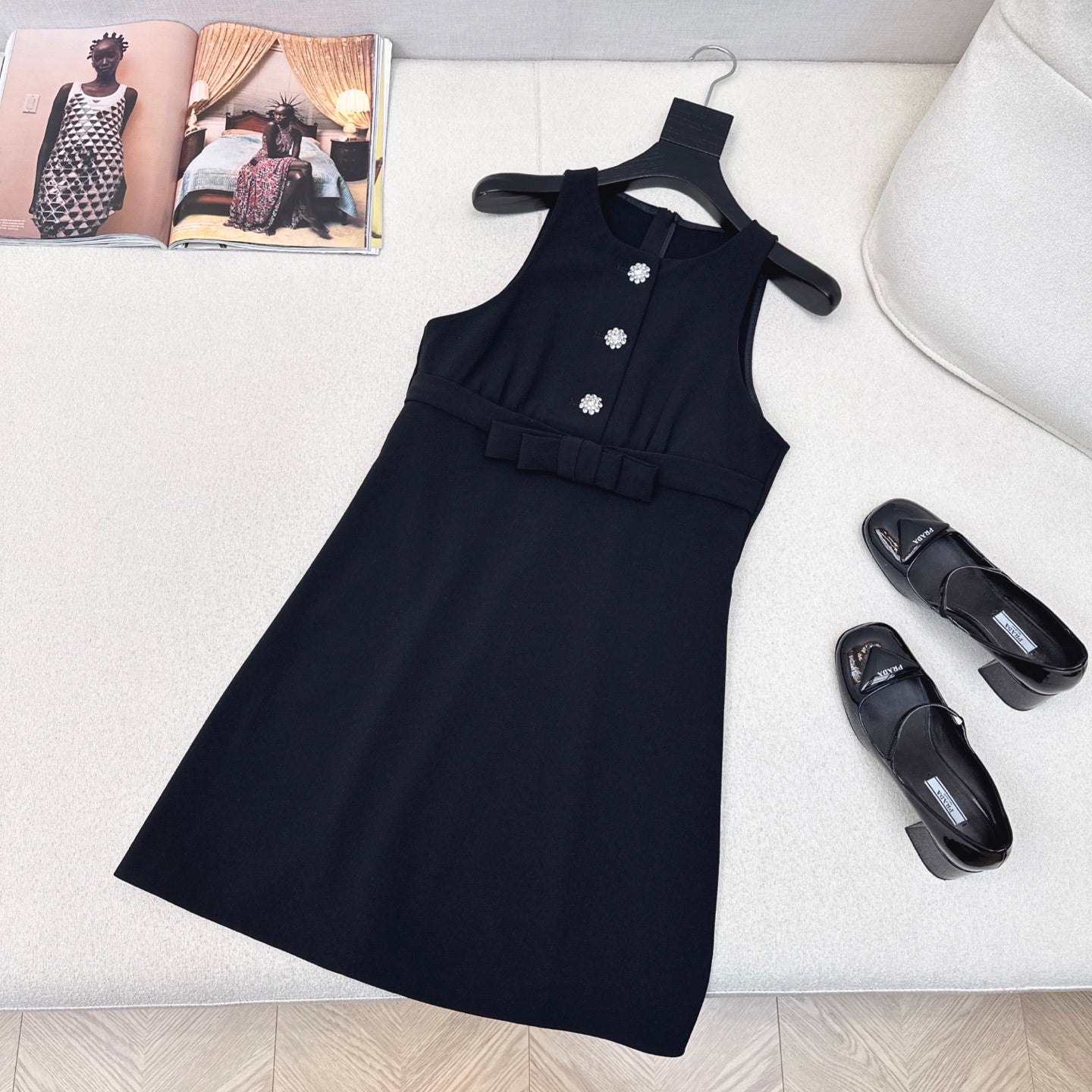 Prada 25 Diamond Button Sleeveless Vest Dress Black Cotton Polyester 598350