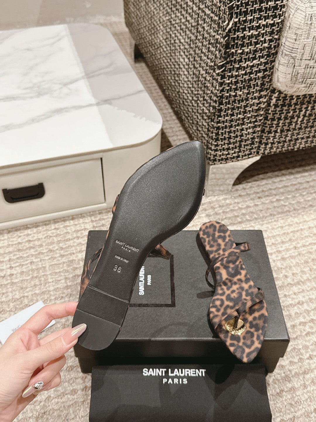 SL TANGER SLIDES LEOPARD SATIN