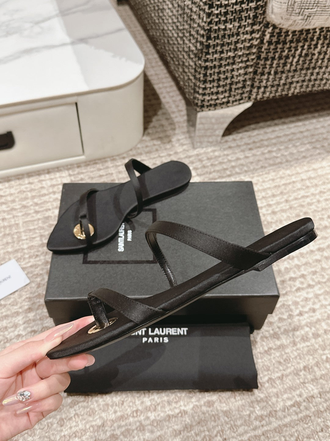 SL TANGER SLIDES BLACK SATIN