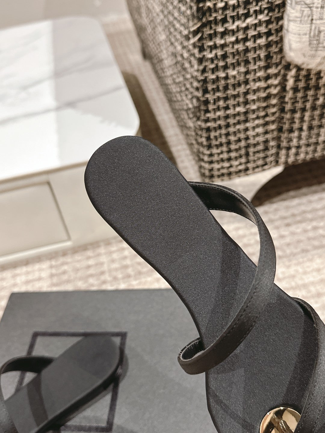 SL TANGER SLIDES BLACK SATIN