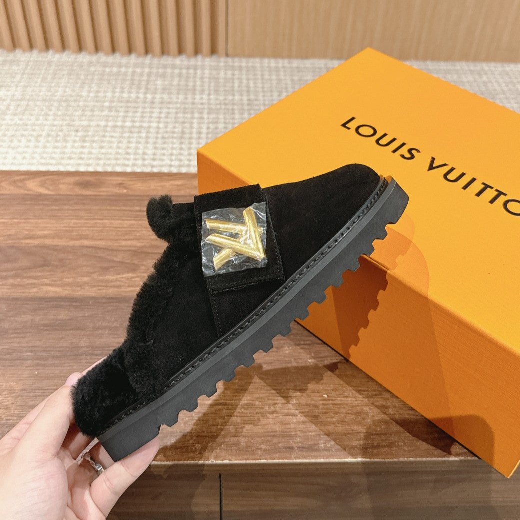 LV Cosy Flat Comfort Clog Black Fur Lining Suede