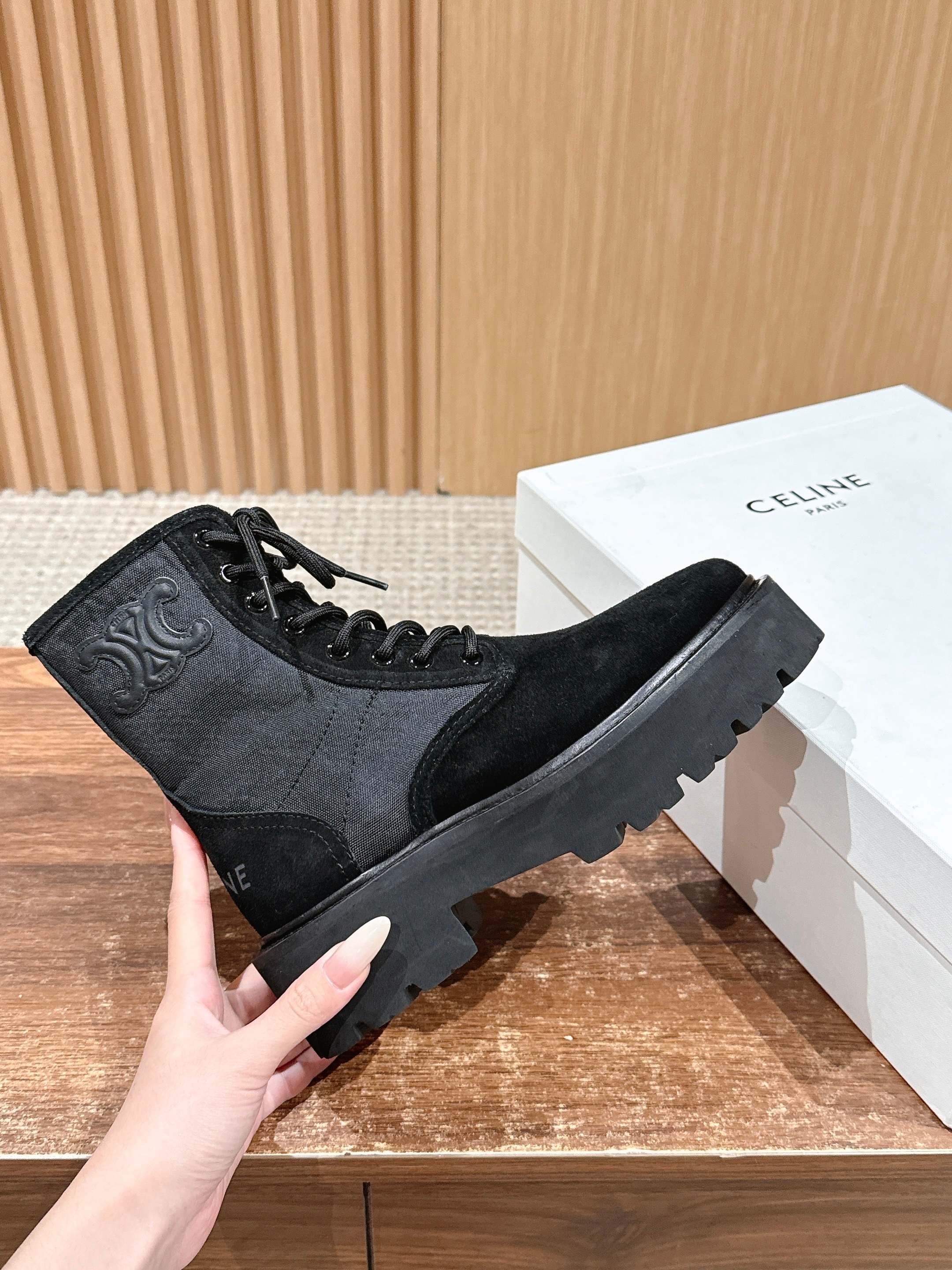 Celine 25 Bulky Lace-up Boot Black Suede 554011