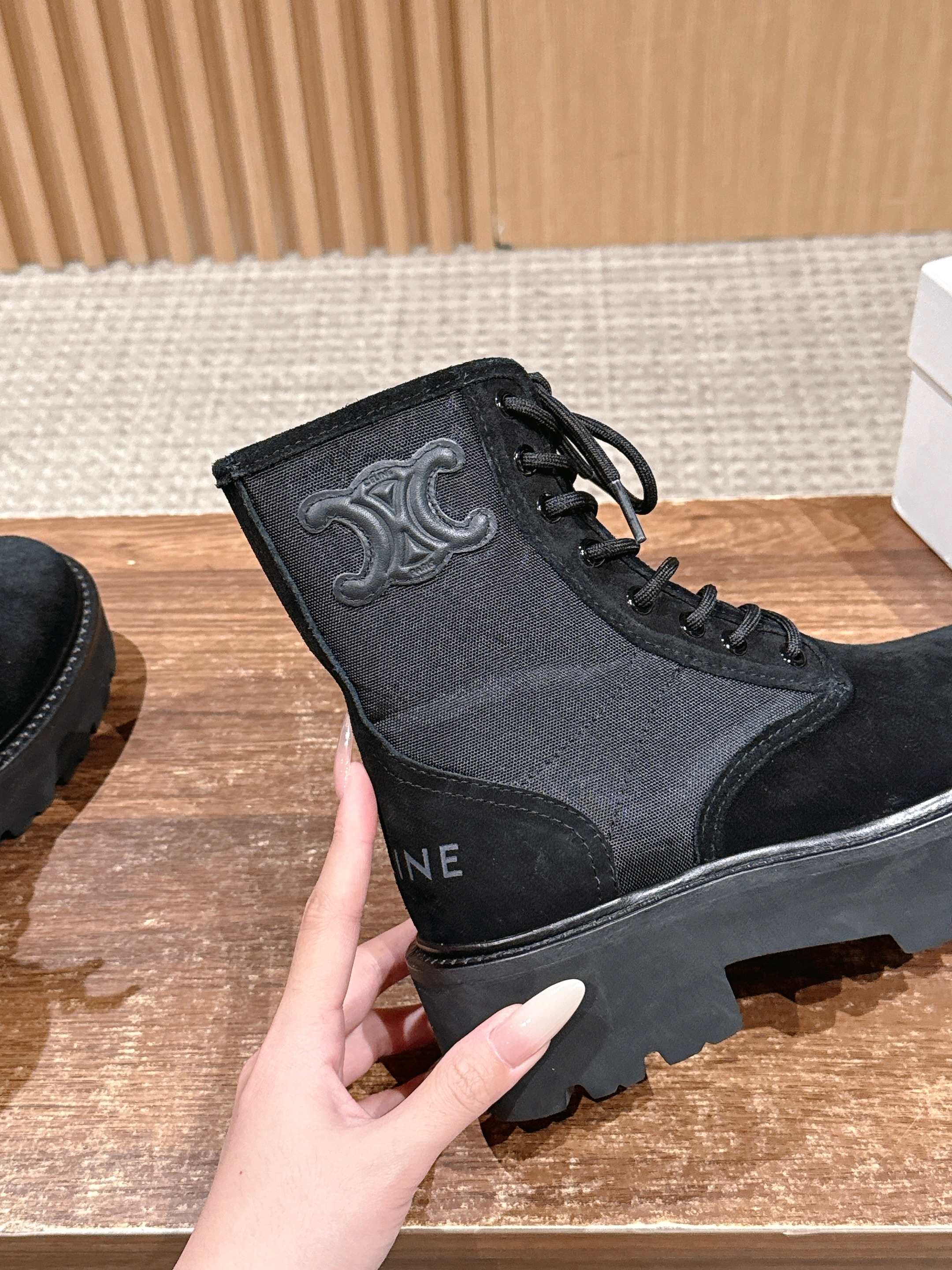 Celine 25 Bulky Lace-up Boot Black Suede 554011