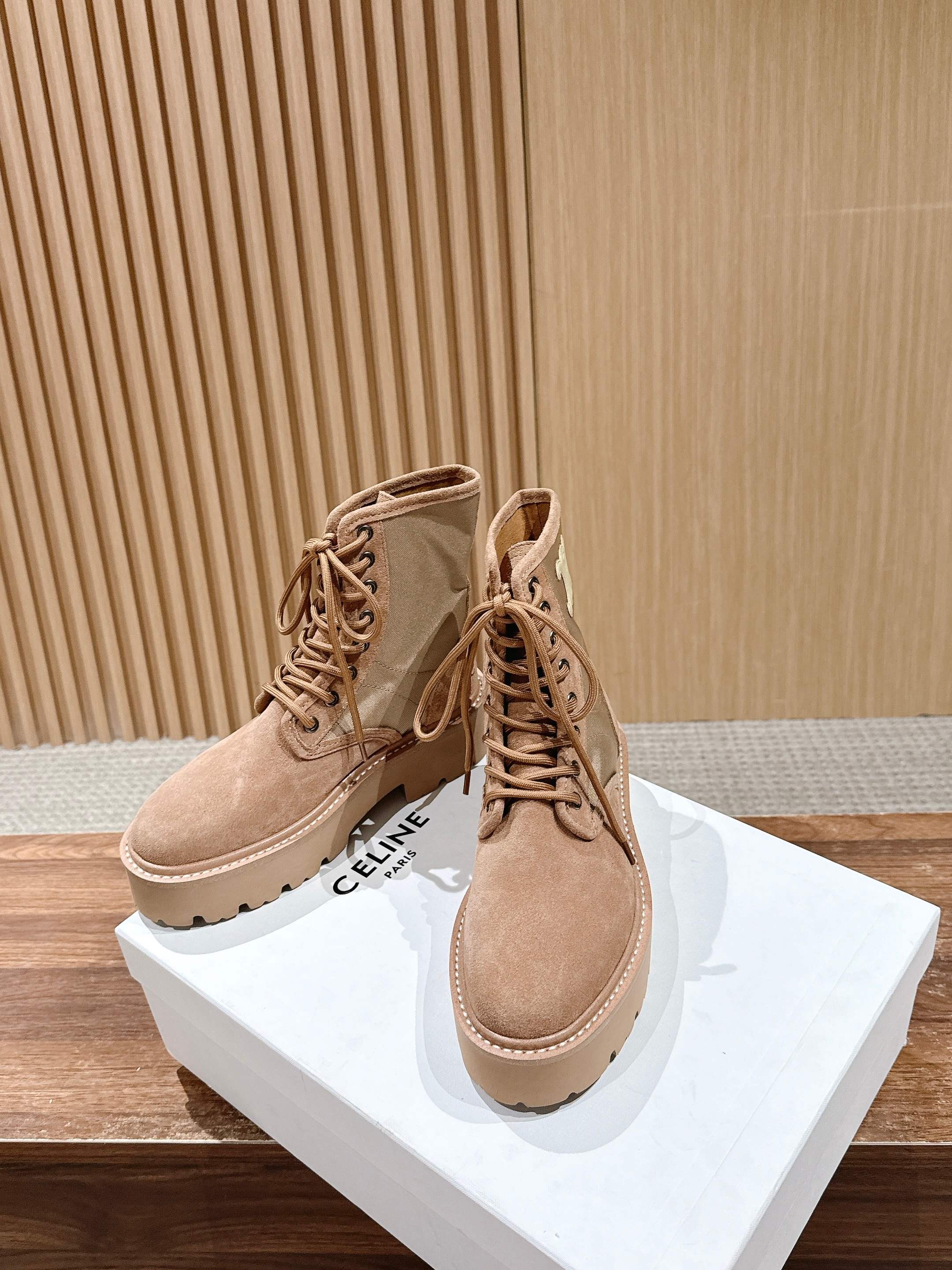 Celine 25 Bulky Lace-up Boot Tan Suede 554012