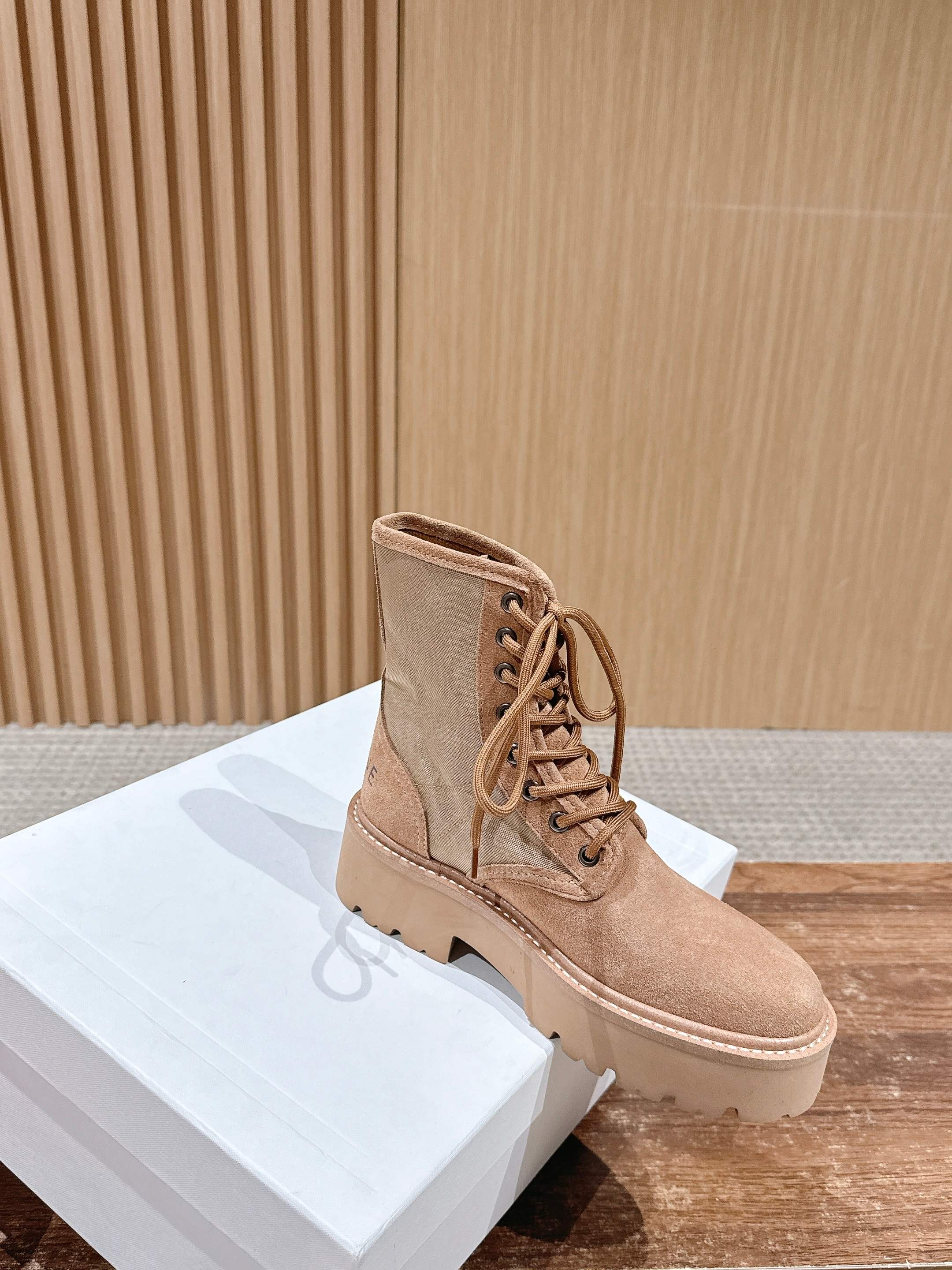 Celine 25 Bulky Lace-up Boot Tan Suede 554012