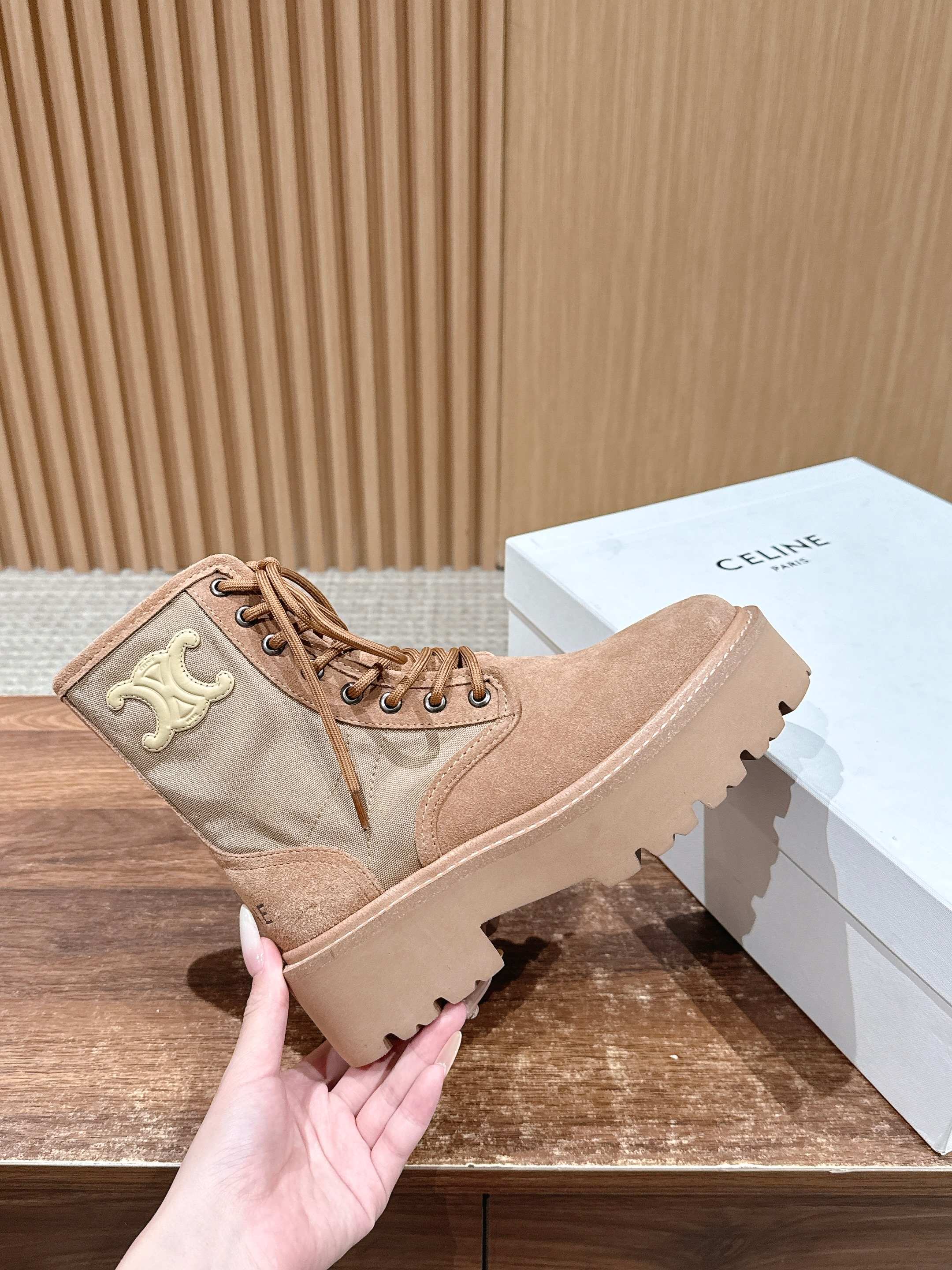 Celine 25 Bulky Lace-up Boot Tan Suede 554012