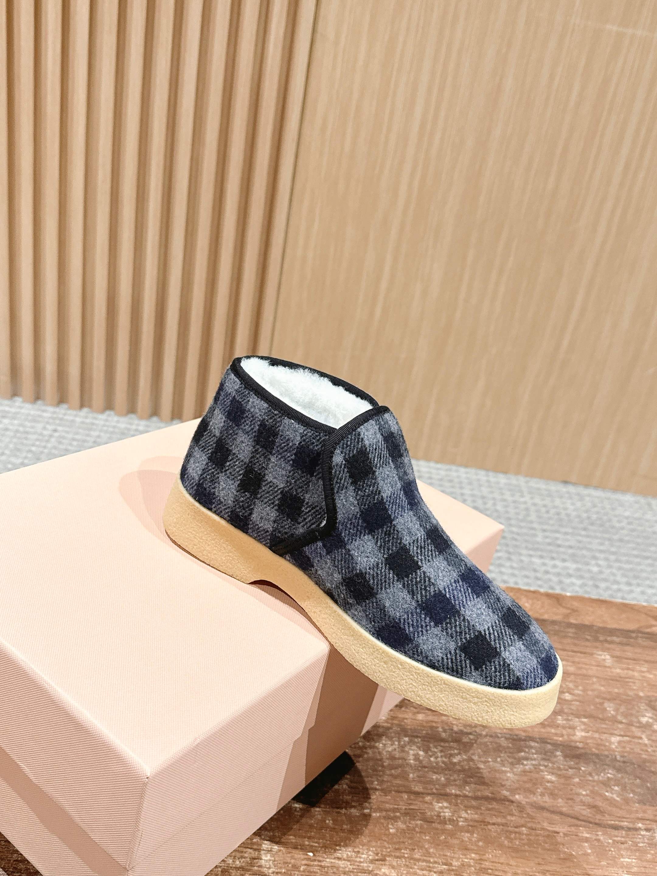 Miumiu 25 Plaid Slip-on Boot Blue Mix White Suede Wool 553703