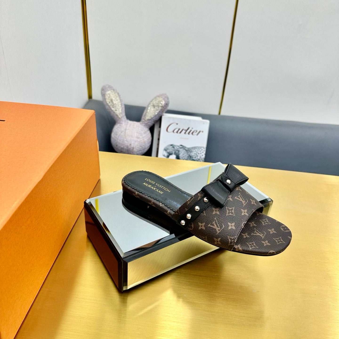 LV 25C LV x TM 6AM Flat Mule Black Bow Mocha Brown with Monogram Multicolore Leather 219951