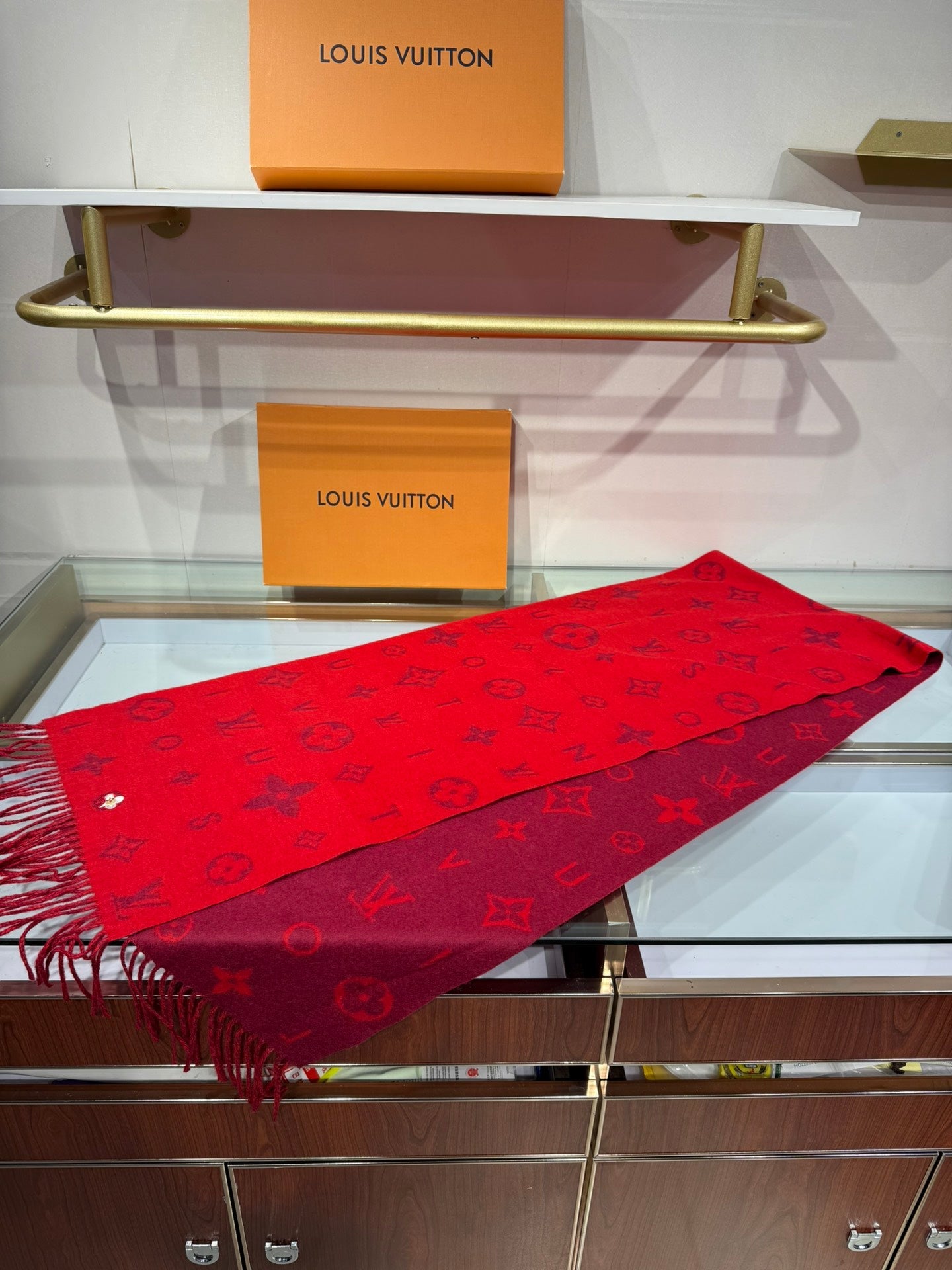 LV Reykjavik Monogram Scarf 220cm Red Cashmere 969395