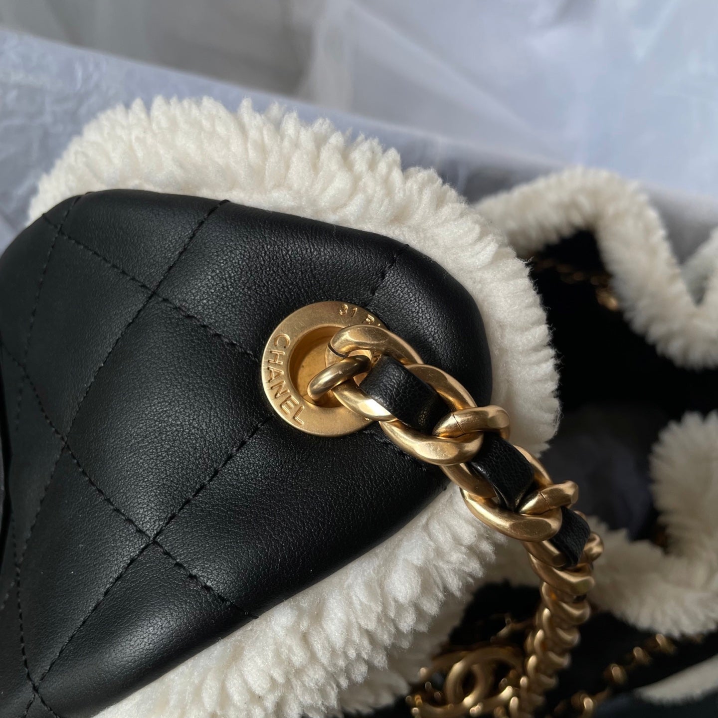 CC 25C Hobo Bag 30cm Black White Lambskin Gold Hardware