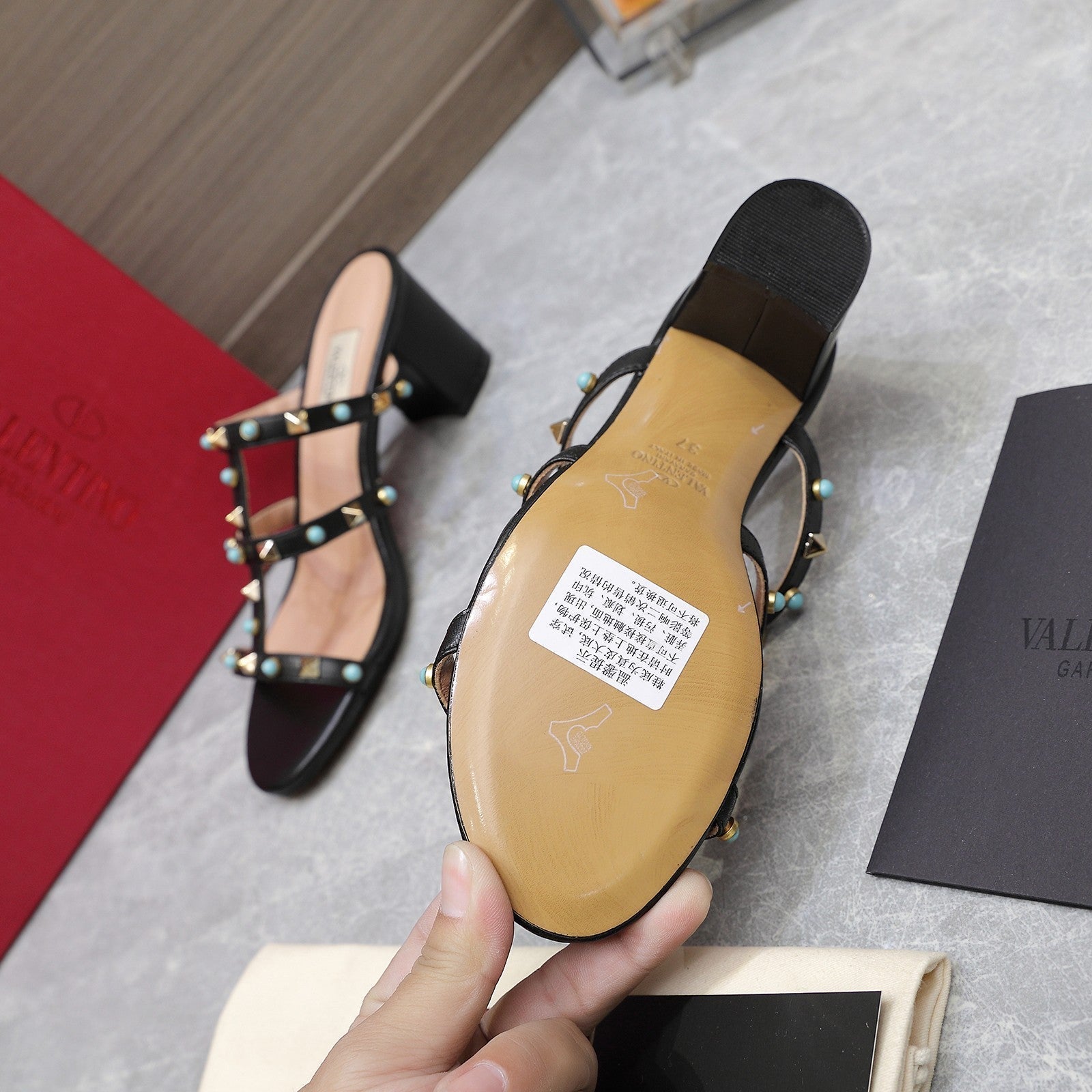 VT 25 Rockstud Heeled Sandals Black Sheepskin 289667