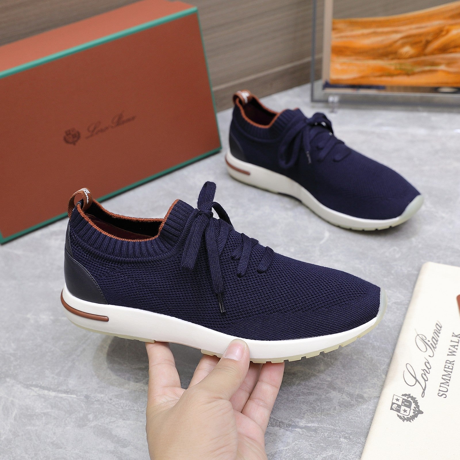 LP lady Flexy Walk Sneaker Navy Blue mix Orange Wool and  Calfskin 310450