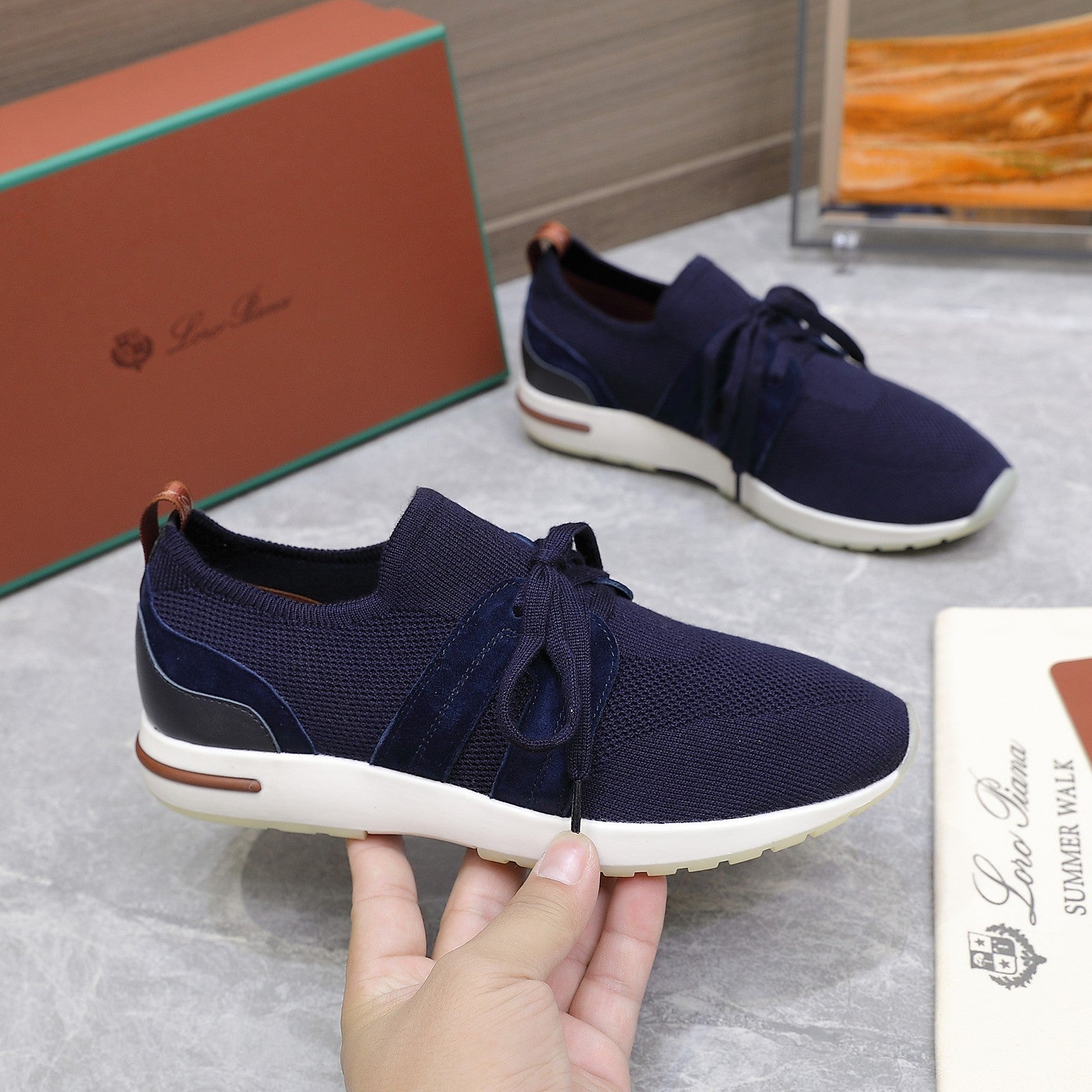 LP lady Flexy Walk Sneaker Navy Blue Wool and  Calfskin 310455