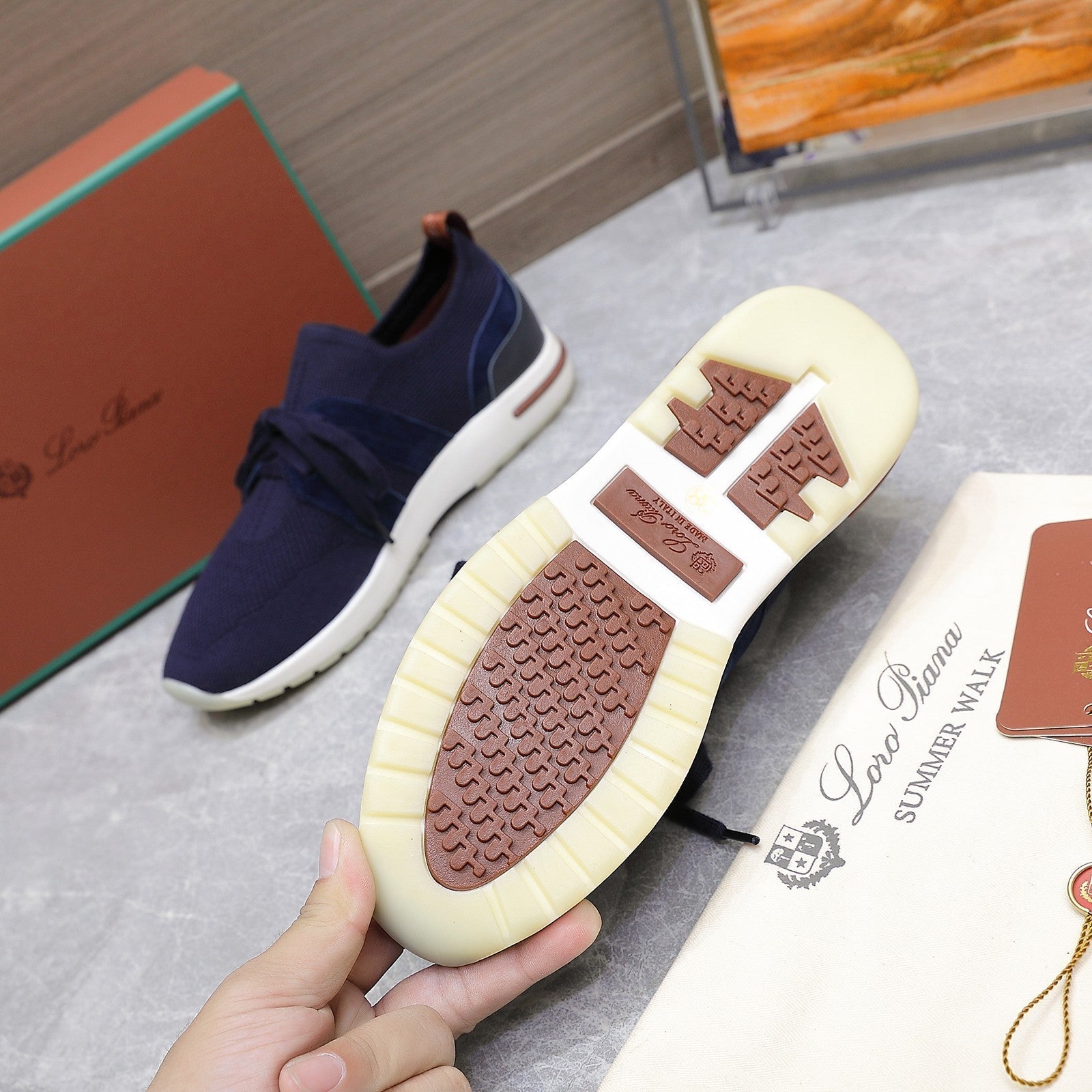 LP lady Flexy Walk Sneaker Navy Blue Wool and  Calfskin 310455