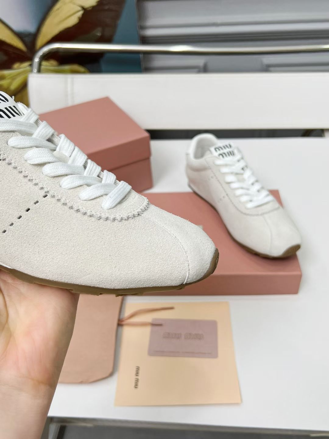 Miumiu Plume Sneakers White Suede 456283