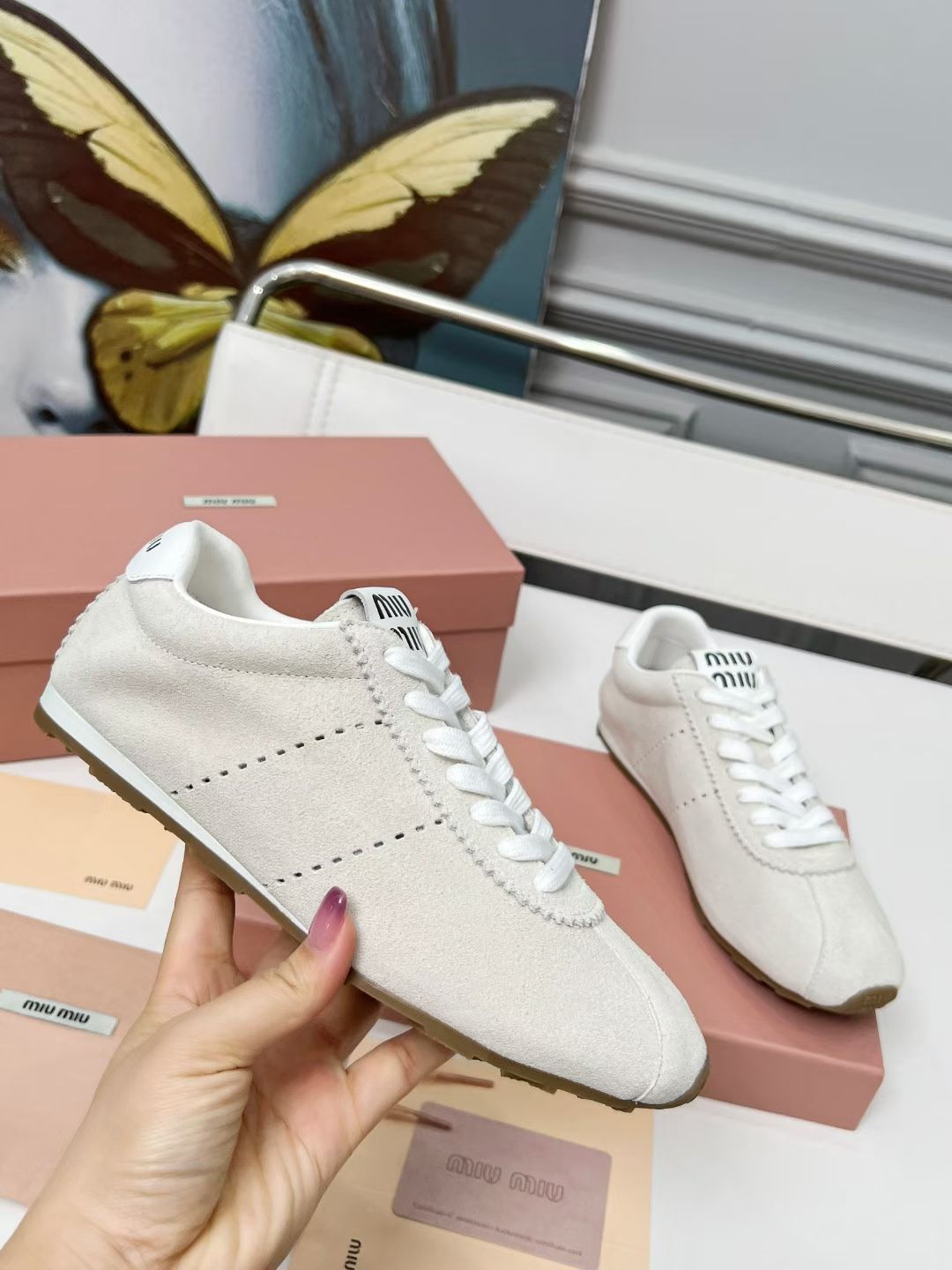 Miumiu Plume Sneakers White Suede 456283