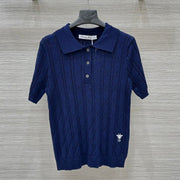 CD 25 Hollow Polo Knitted Short-sleeved Top Blue Silk Wool