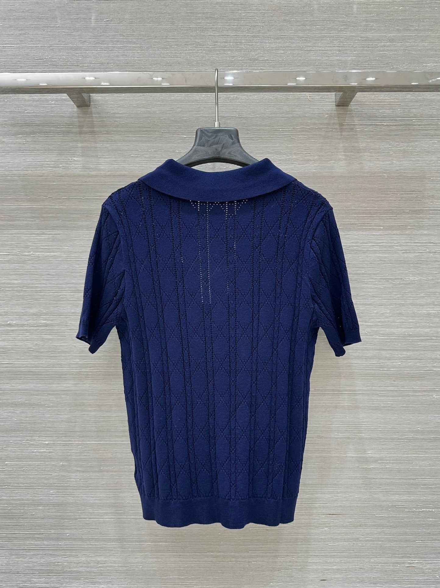 CD 25 Hollow Polo Knitted Short-sleeved Top Blue Silk Wool