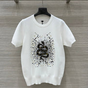 CD 25 Snake Embroidery Knitted Short-sleeved Top White Tencel Wool
