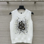 CD 25 Snake Embroidery Knitted Vest Top White Tencel Wool