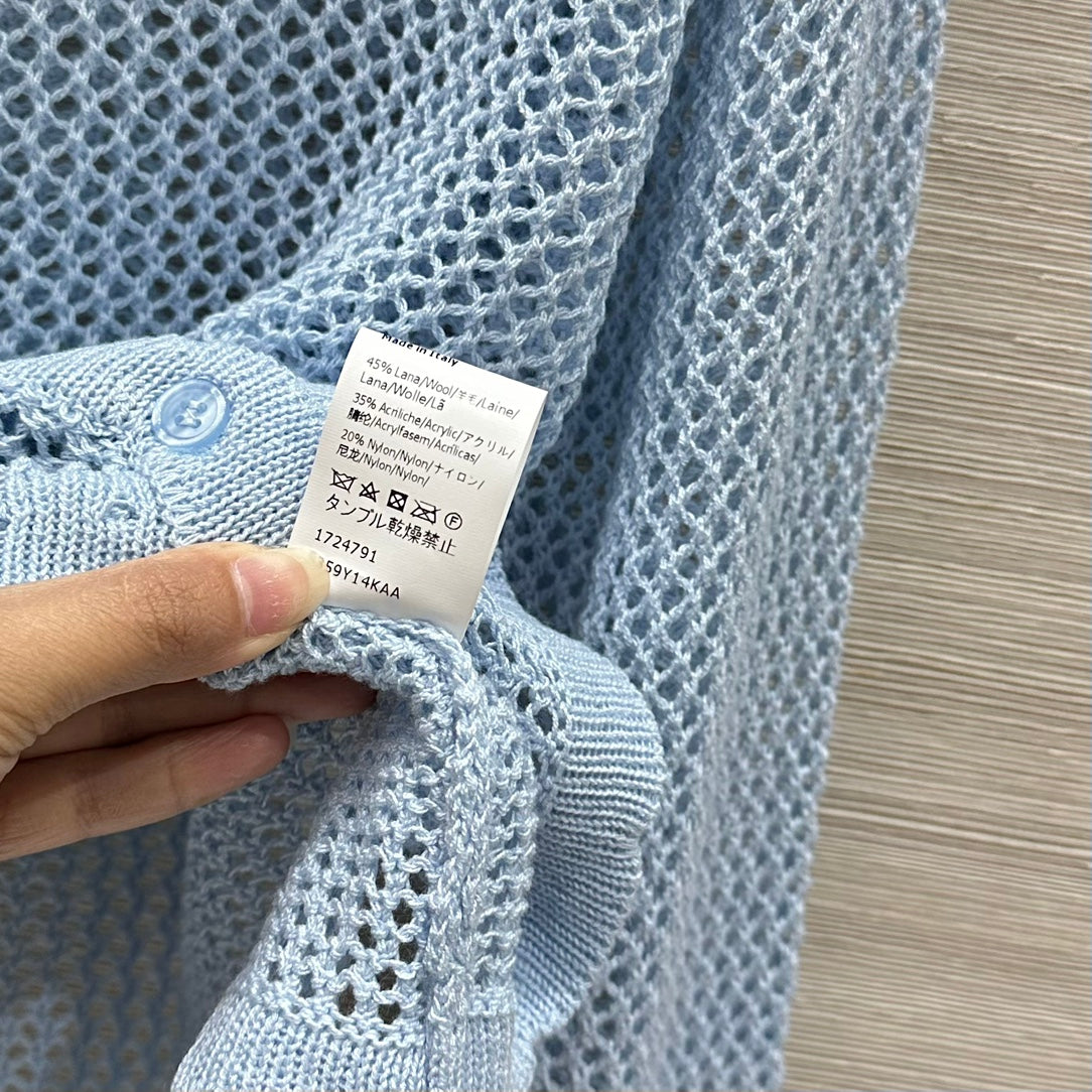 Loewe 25 Mesh Hollow Knitted Cardigan Blue Wool