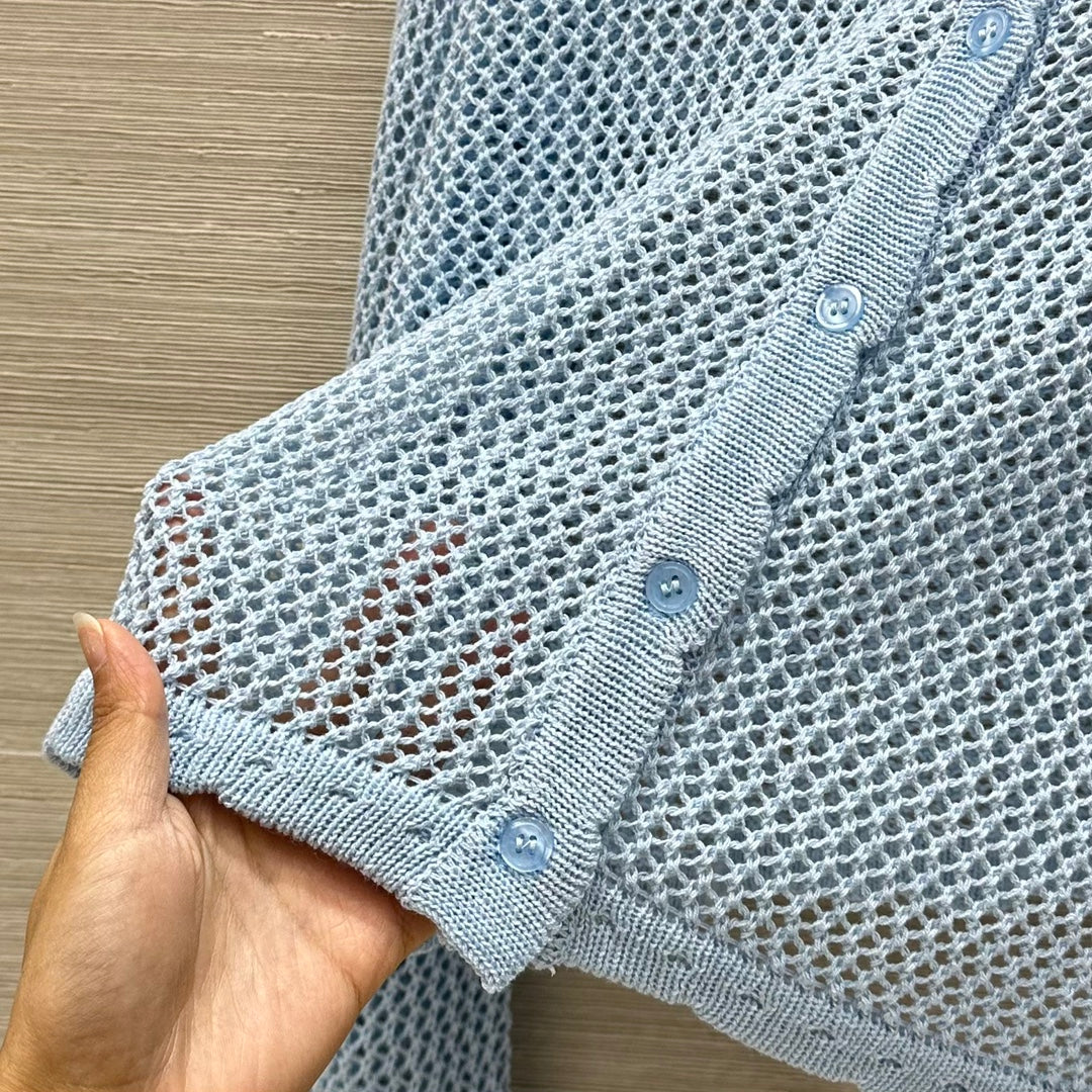 Loewe 25 Mesh Hollow Knitted Cardigan Blue Wool