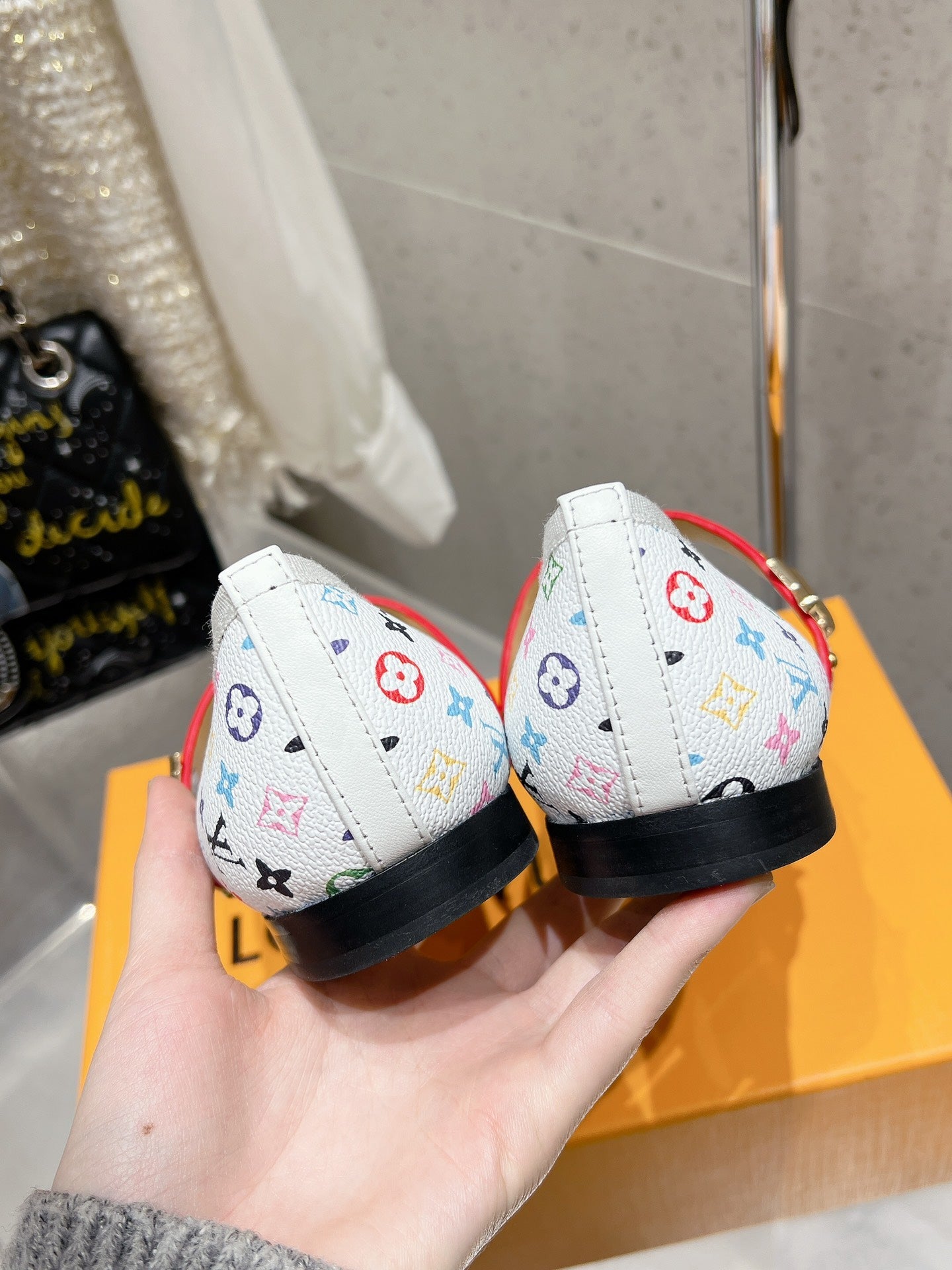 LV 26s Ballet Flats White Multicolor Monogram Leather 610842