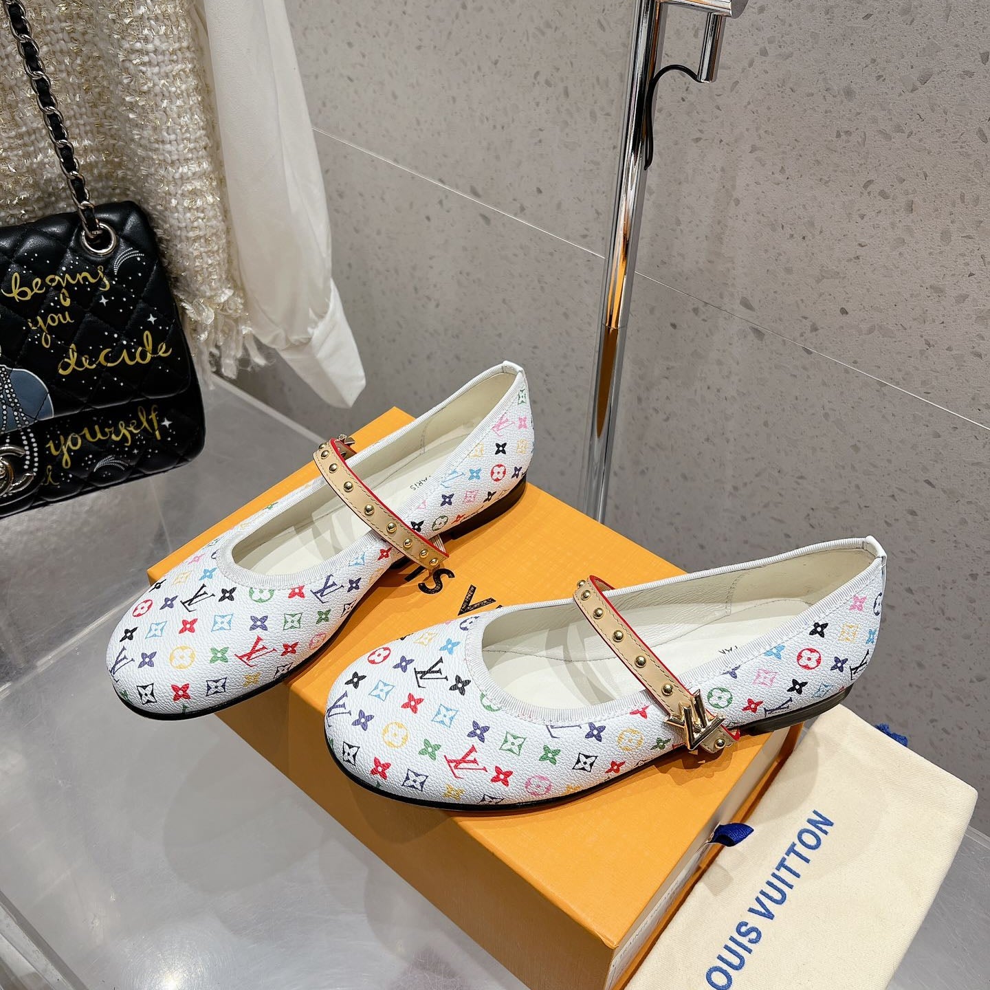 LV 26s Ballet Flats White Multicolor Monogram Leather 610842