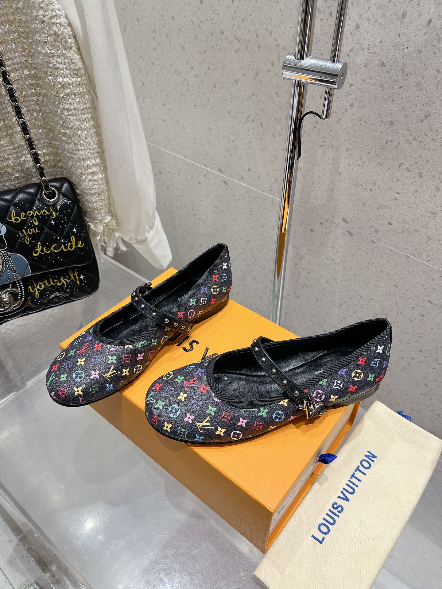 LV 26s Ballet Flats Black Multicolor Monogram Leather 610843