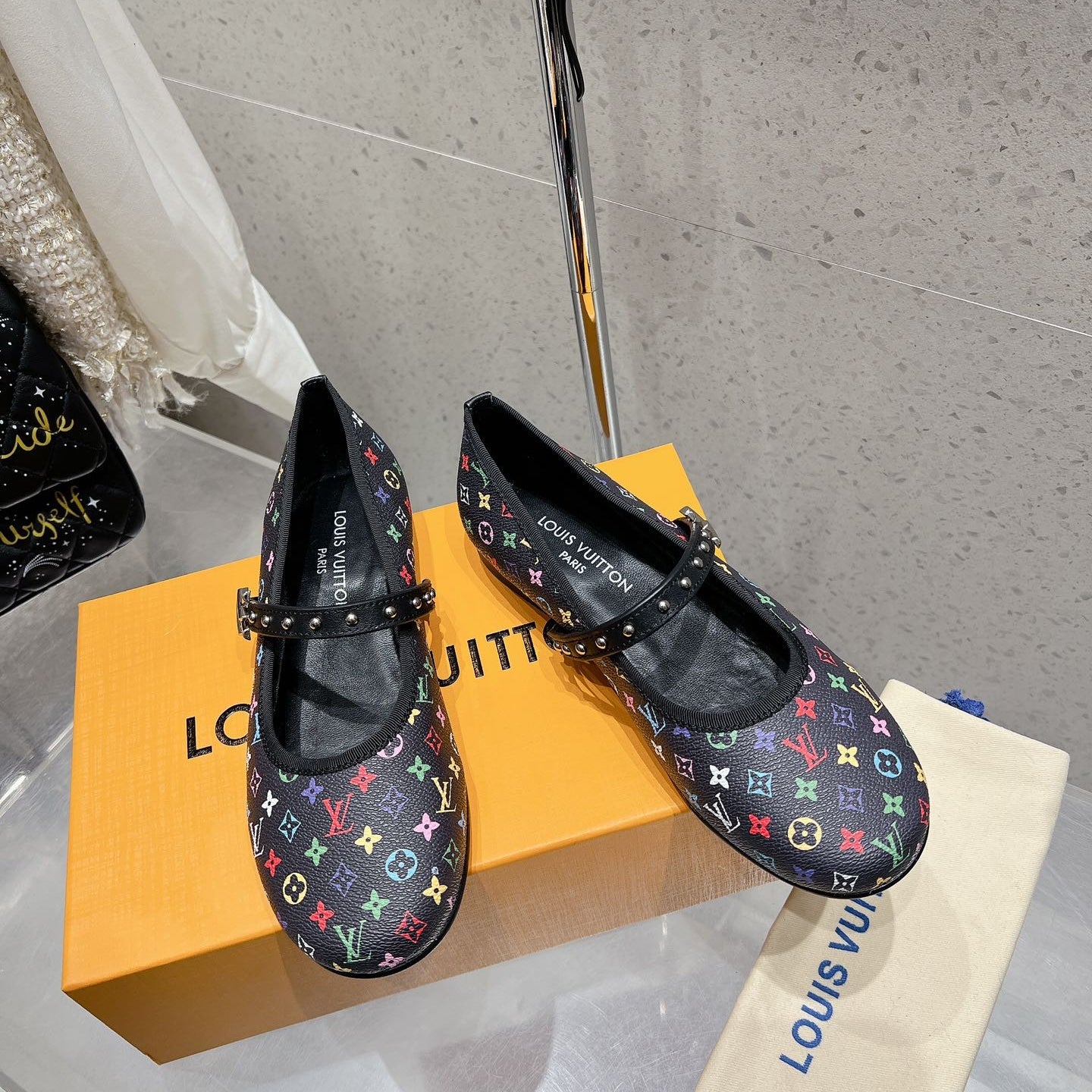 LV 26s Ballet Flats Black Multicolor Monogram Leather 610843