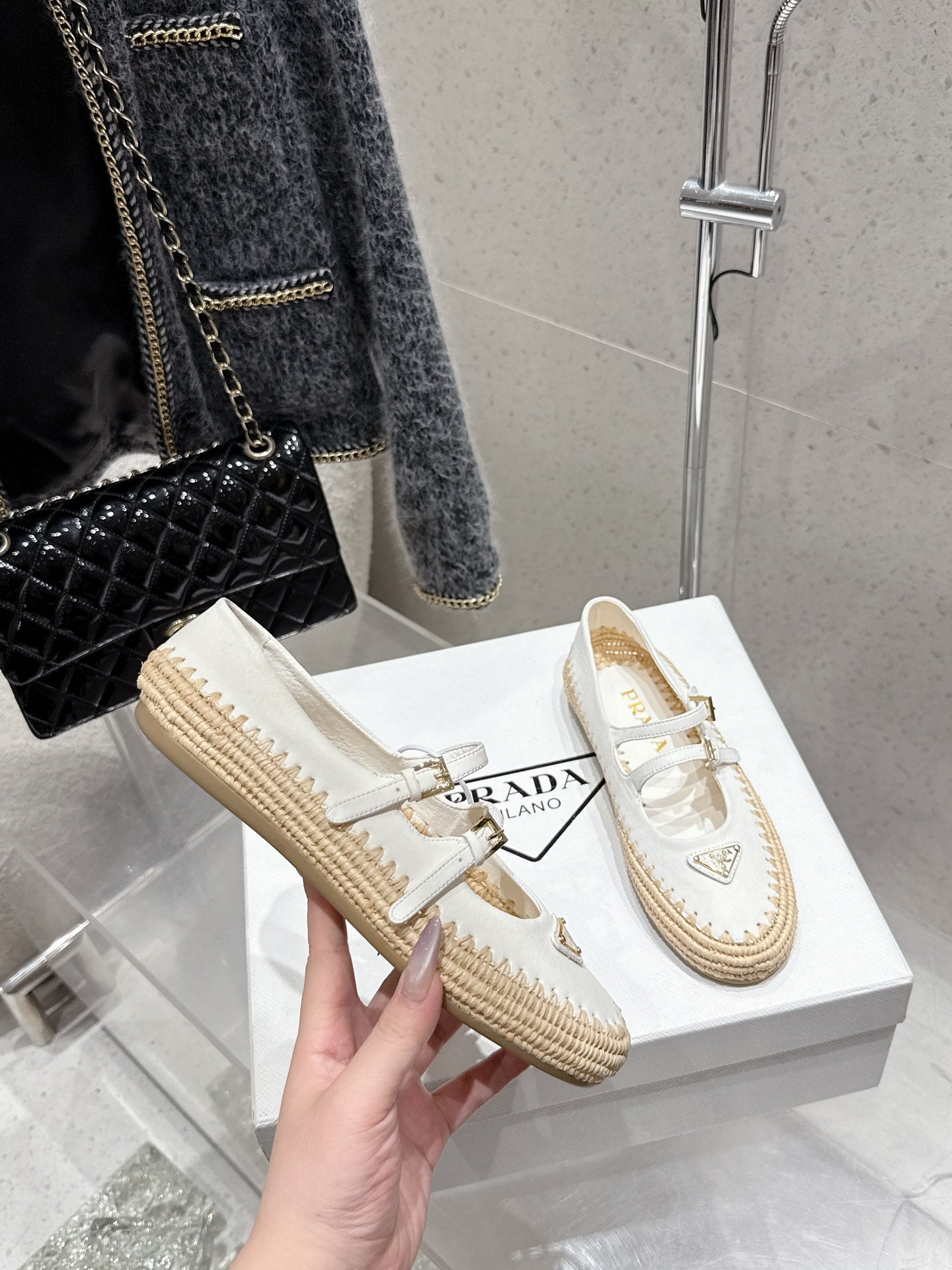 Pra 2025 Ballet Flat White Beige Cowhide Woven 554288