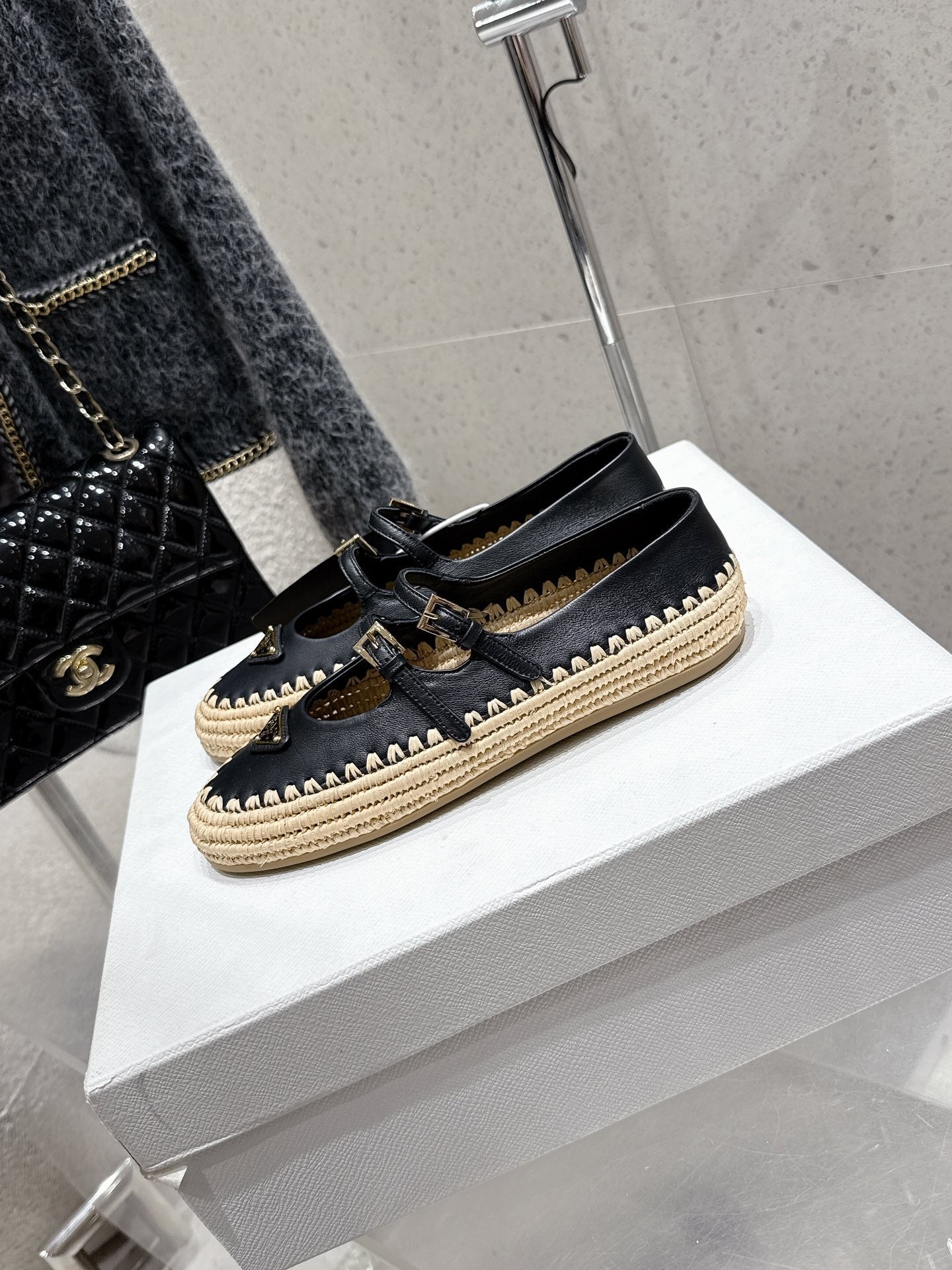 Pra 2025 Ballet Flat Black Beige Cowhide Woven 554289