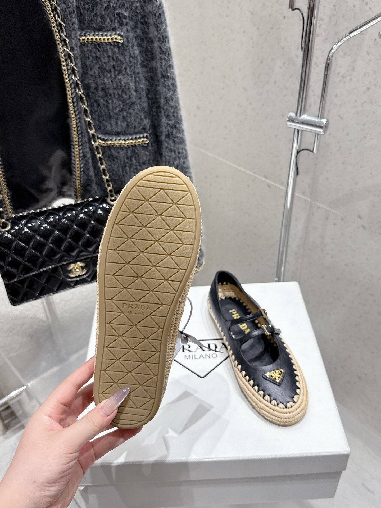 Pra 2025 Ballet Flat Black Beige Cowhide Woven 554289