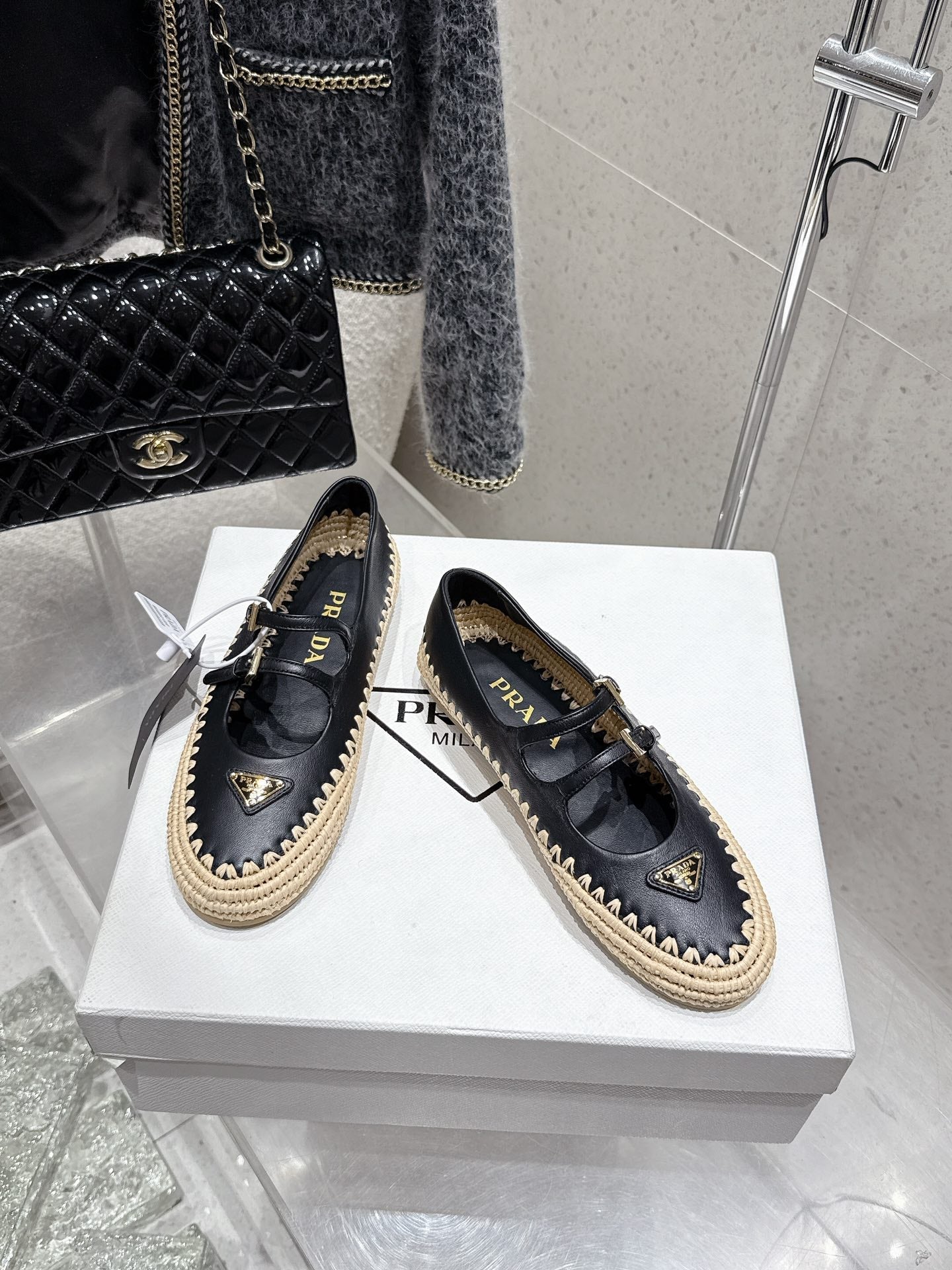 Pra 2025 Ballet Flat Black Beige Cowhide Woven 554289